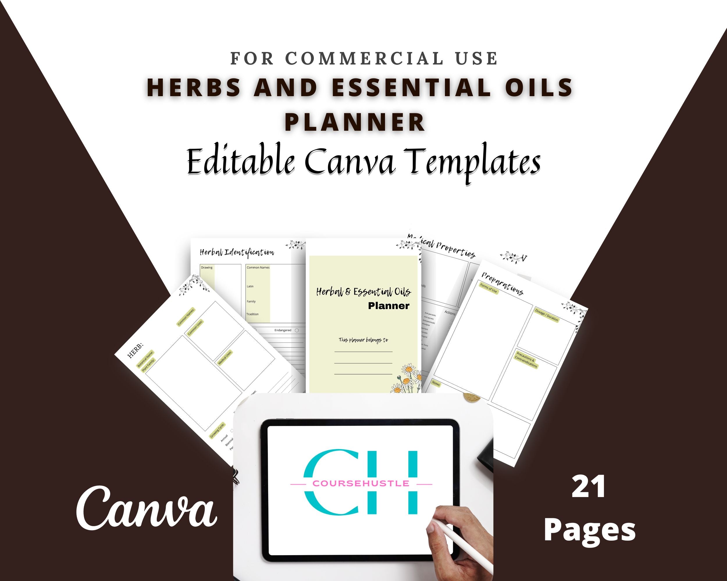 Herbs and Essential Oils Planner in Canva | Canva Template Pack | Herbs and Essential Oils Journal Template | Commercial Use