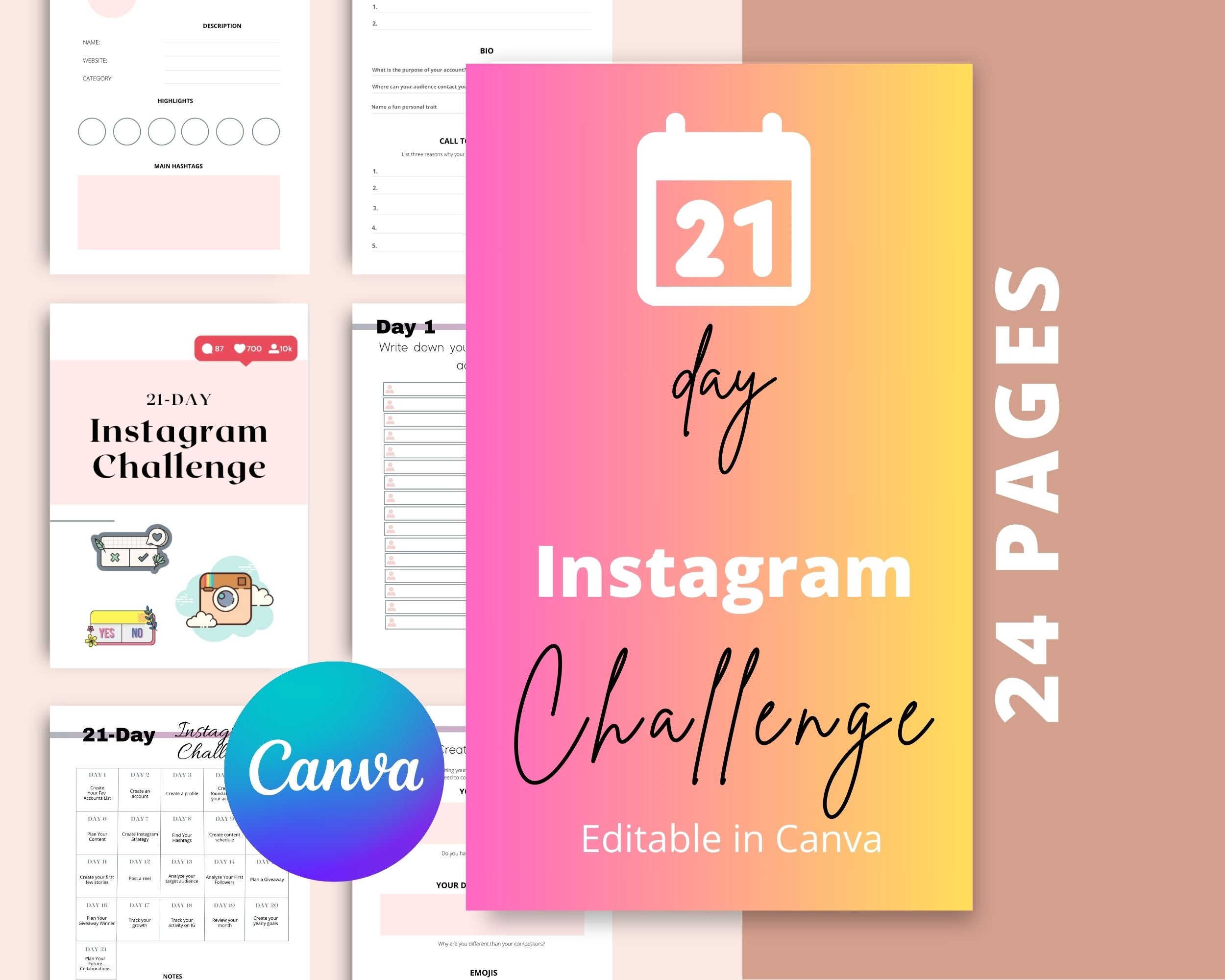 21-Day Instagram Challenge | Editable Canva Template A4 Size