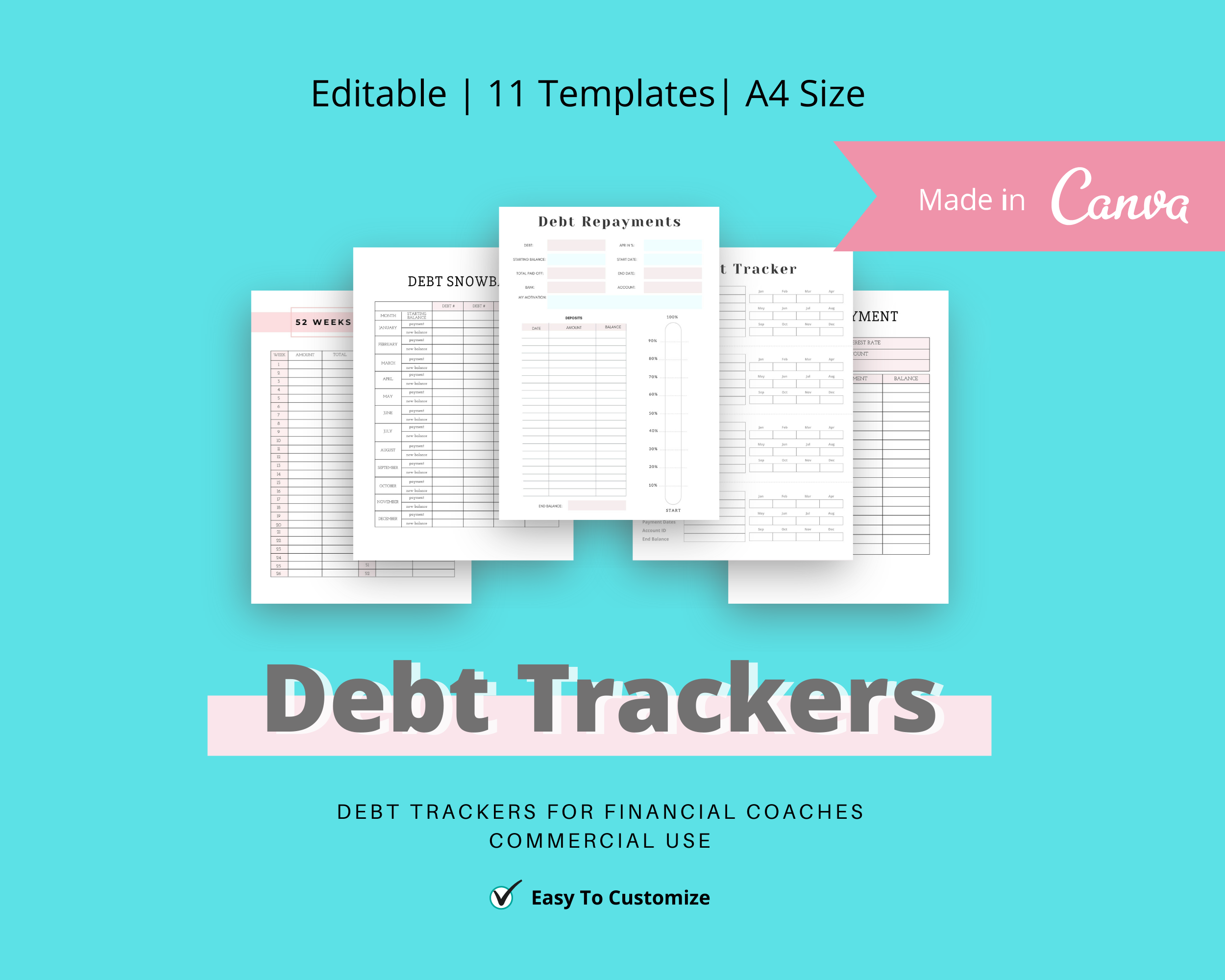 Debt Tracker Canva Templates | Commercial Use | Editable Debt Chart | 52 Weeks Debt Payoff