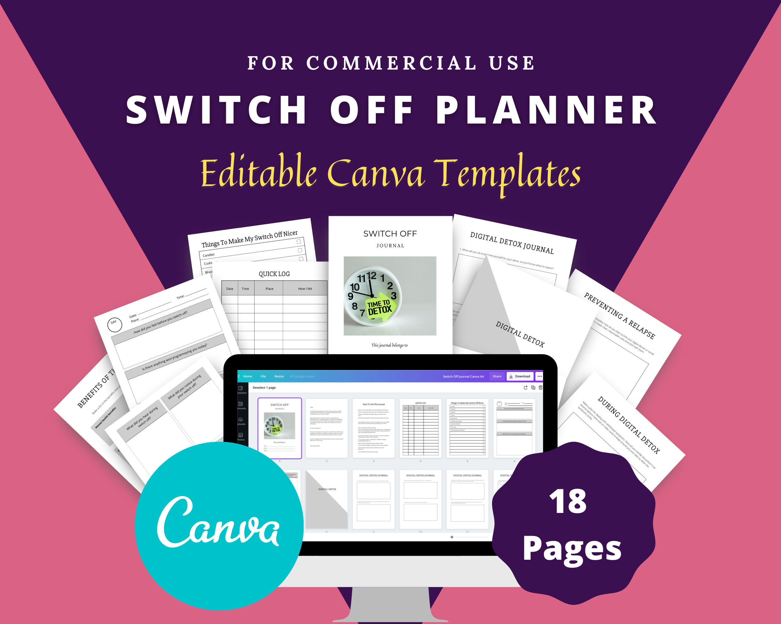 Editable Switch Off Planner Templates in Canva | Commercial Use