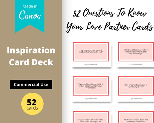 52 Questions To Know Your Love Partner Cards | Canva Inspirational Cards | Commercial Use