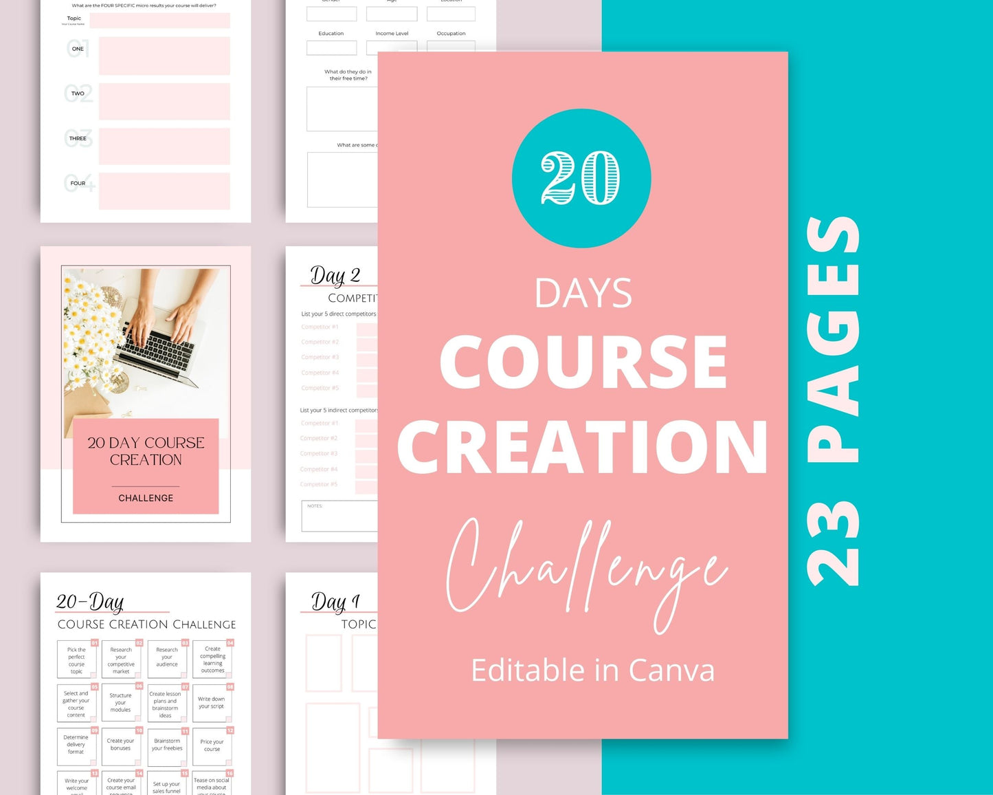 20 Day Course Creation Challenge | Course Launch Planner | Editable Canva Template A4 Size