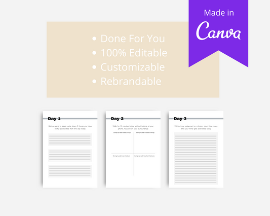 30-Day Mindfulness Challenge | Editable Canva Template A4 Size
