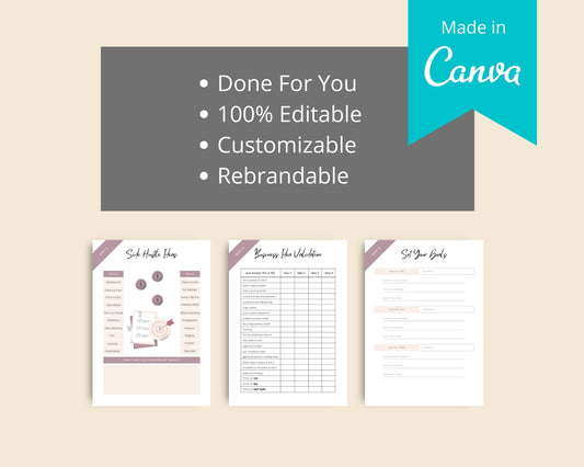30 Day Side Hustle Challenge | Work From Home Journal | Solopreneur Planner | Editable Canva Template A4 Size