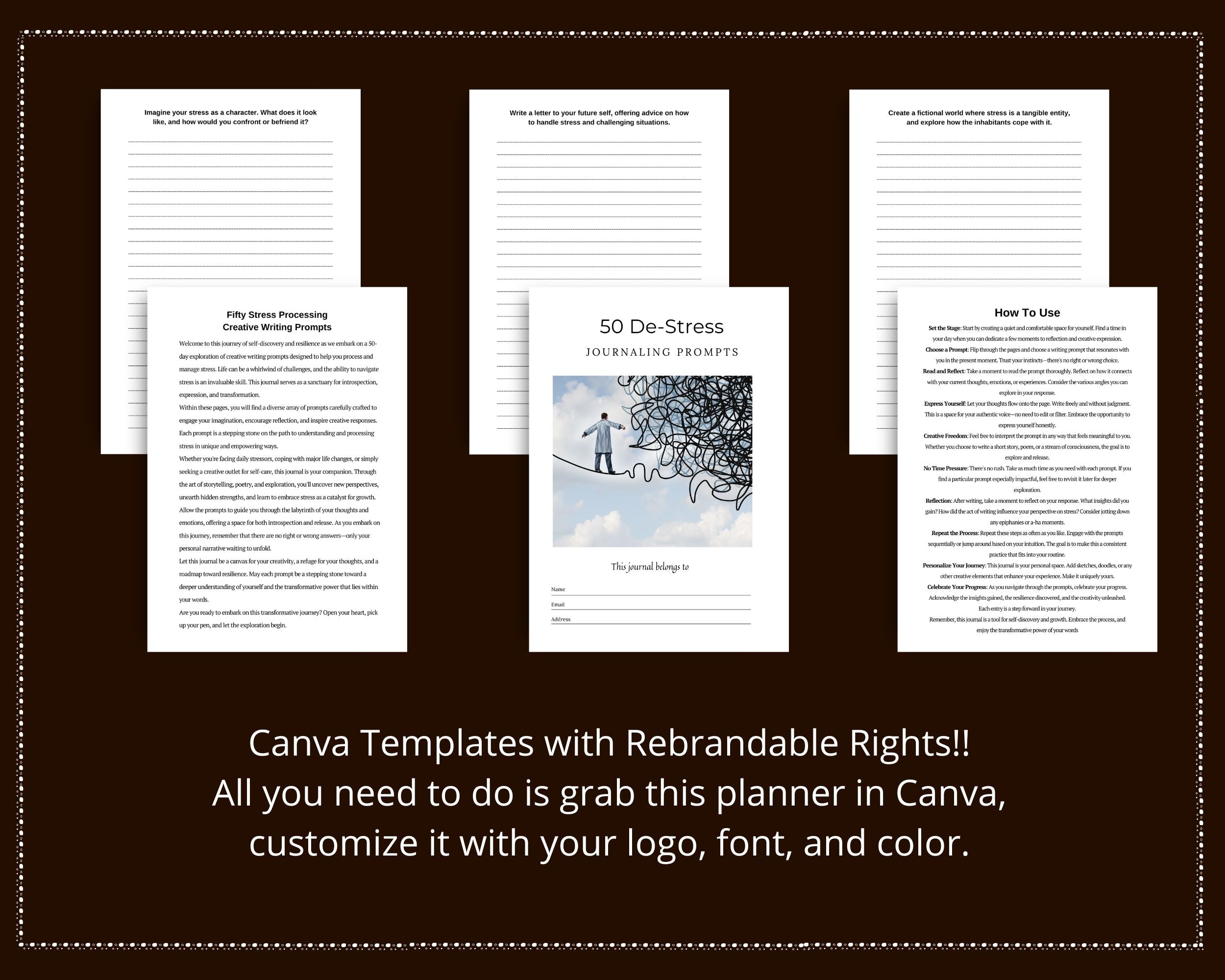 De-Stress Journaling Prompts in Canva | Canva Template Pack | Commercial Use