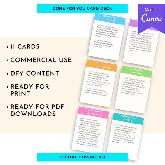 6 Minute Miracle Morning Meditation Prompts | Editable 12 Card Deck in Canva | Commercial Use