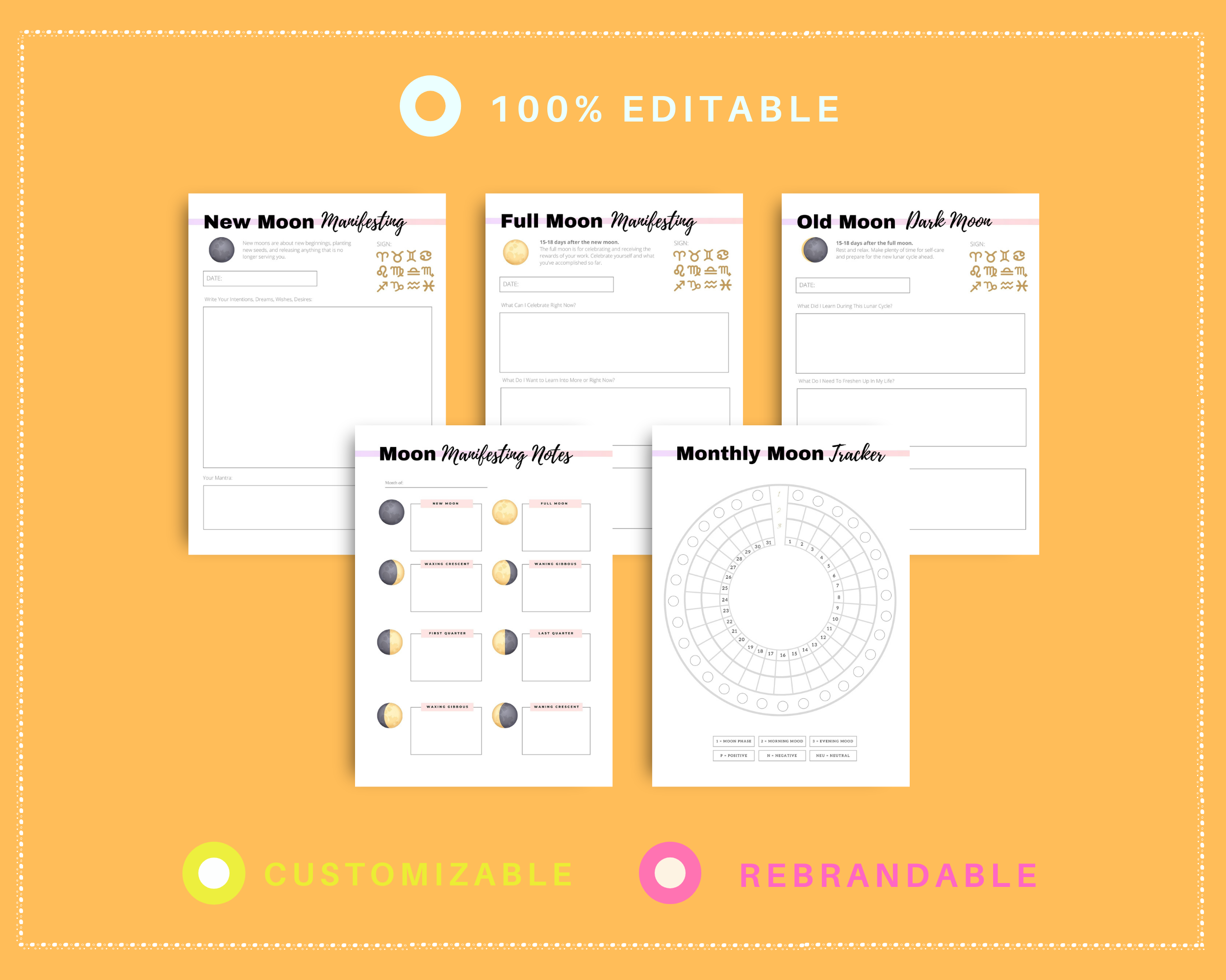 Editable Moon Journal Planner Templates in Canva | Commercial Use