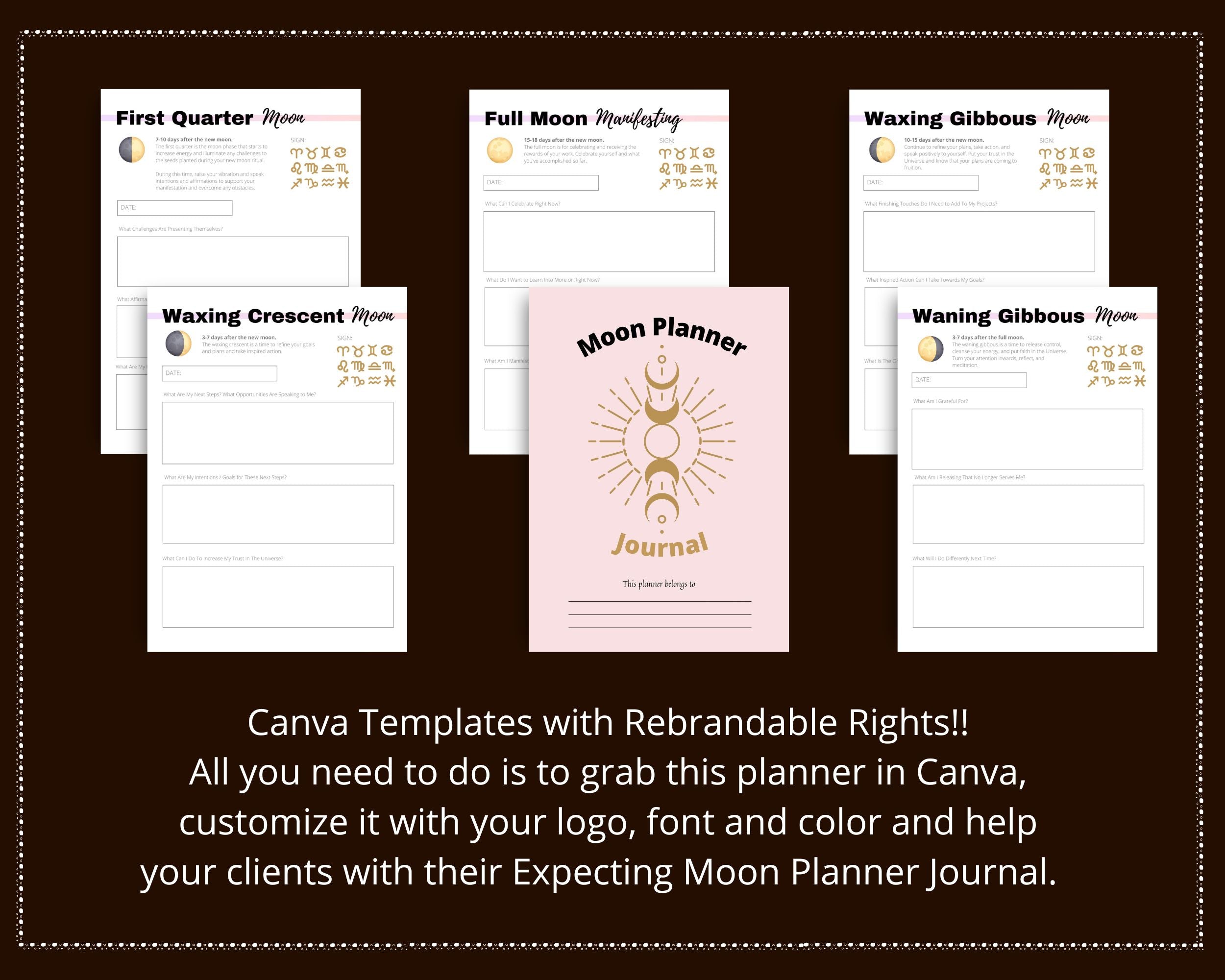 Editable Moon Journal Planner Templates in Canva | Commercial Use