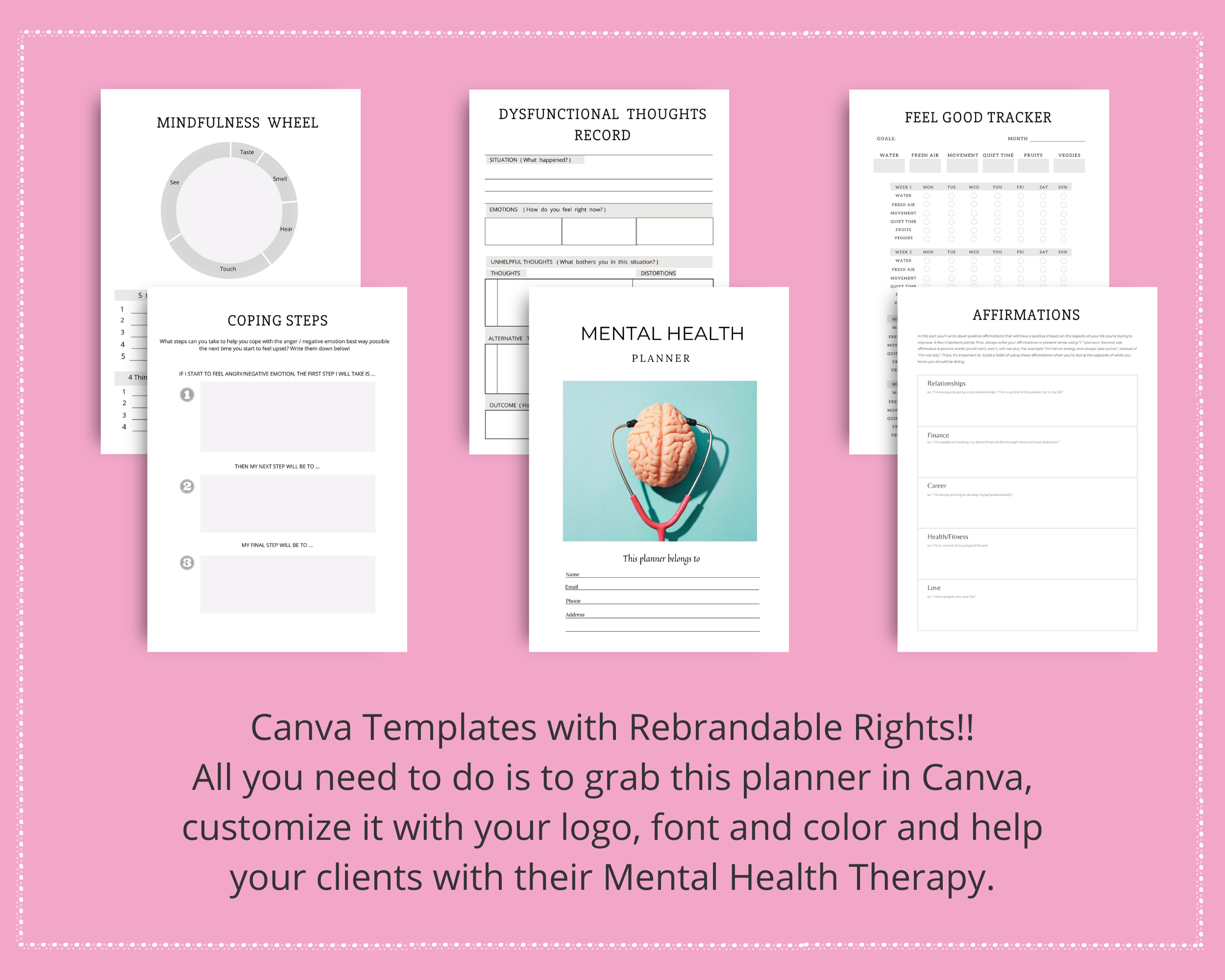 Editable Mental Health Therapy Planner in Canva | Commercial Use