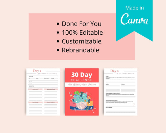 30 Day Getting New Clients Challenge | New Clients Planner | Editable Canva Template A4 Size