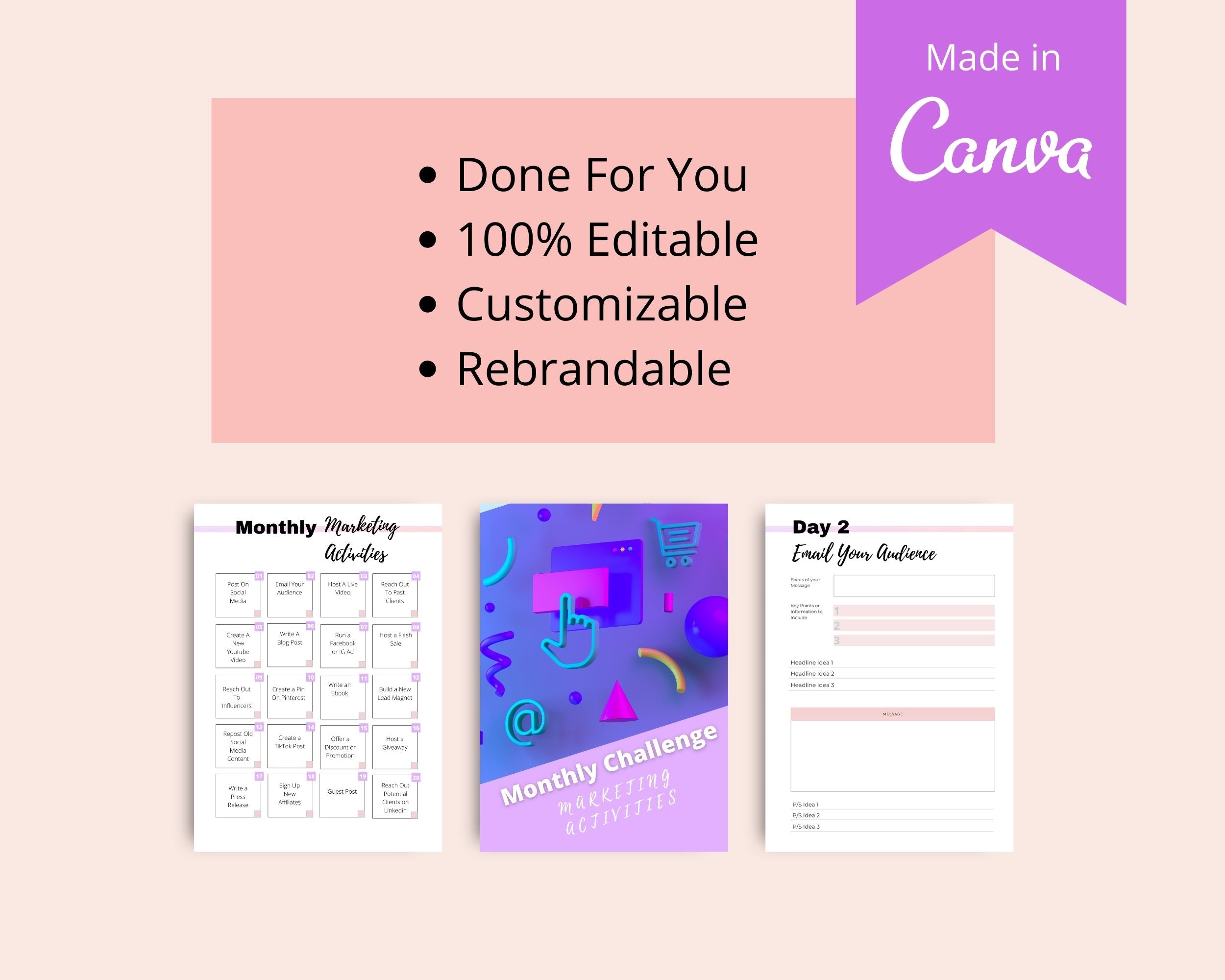 Monthly Marketing Activities Challenge | Editable Canva Template A4 Size