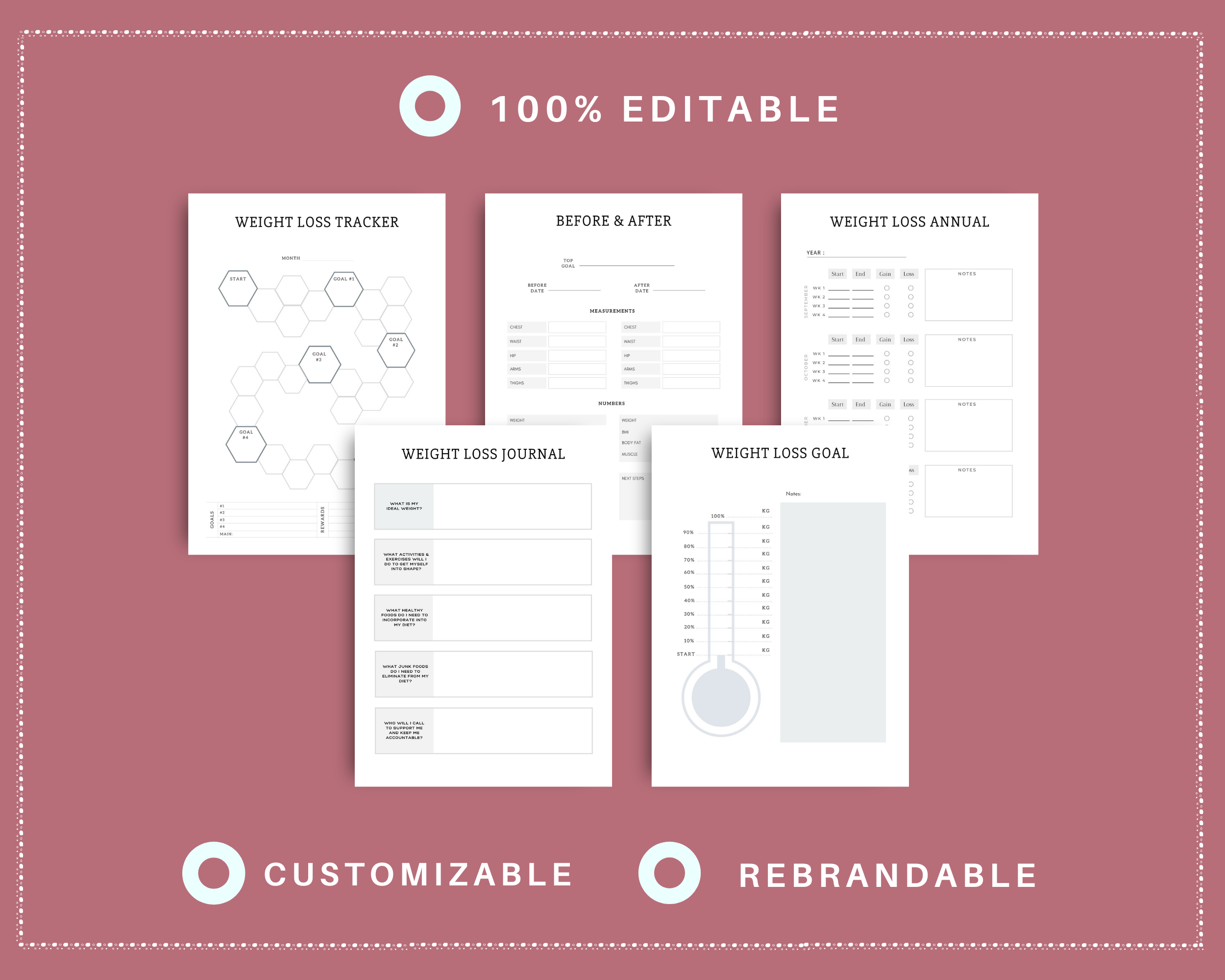 Editable Weight Loss Planner in Canva | Commercial Use