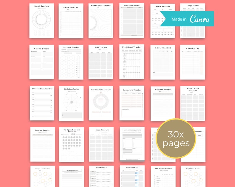 Coaching Trackers in CANVA | Life Coaching Tools | Sleep Tracker | Canva Habit Tracker | Mood Tracker | Mediation Tracker | Commercial Use