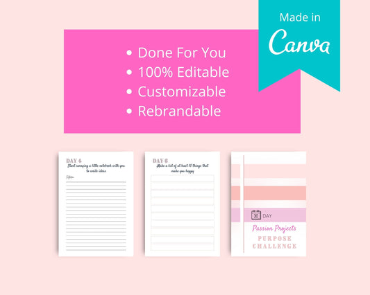 30-Day Passion Projects Purpose Challenge | Editable Canva Template A4 Size