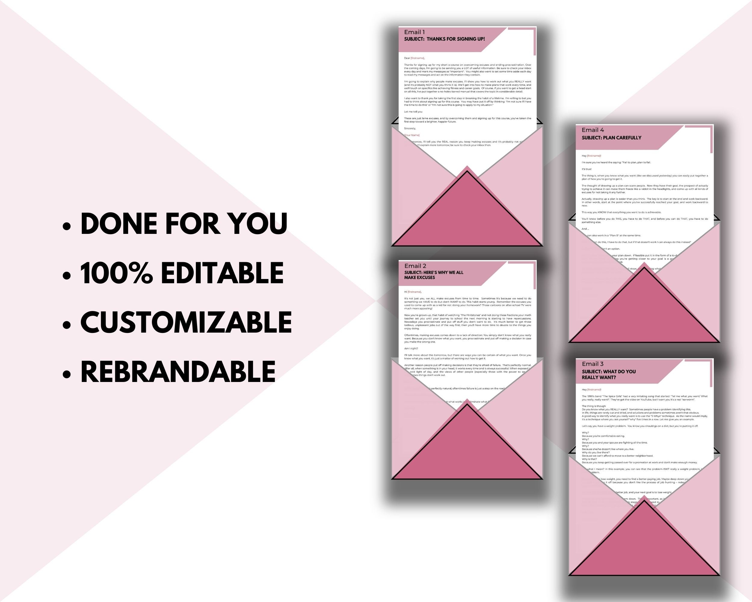No More Excuses 7 Emails | Done-for-You eCourse | Rebrandable Newsletter Template