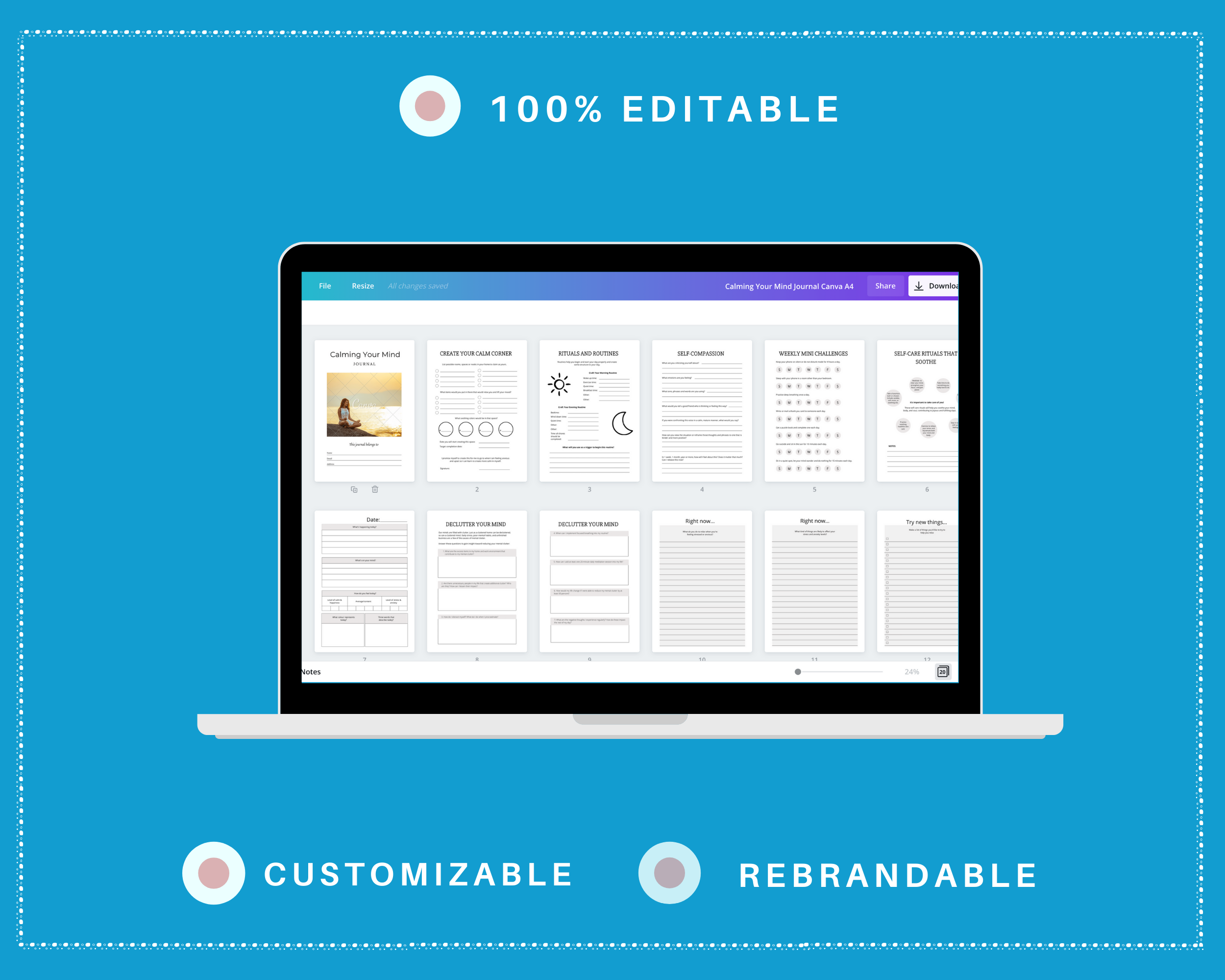 Editable Calming Your Mind Planner in Canva | Commercial Use