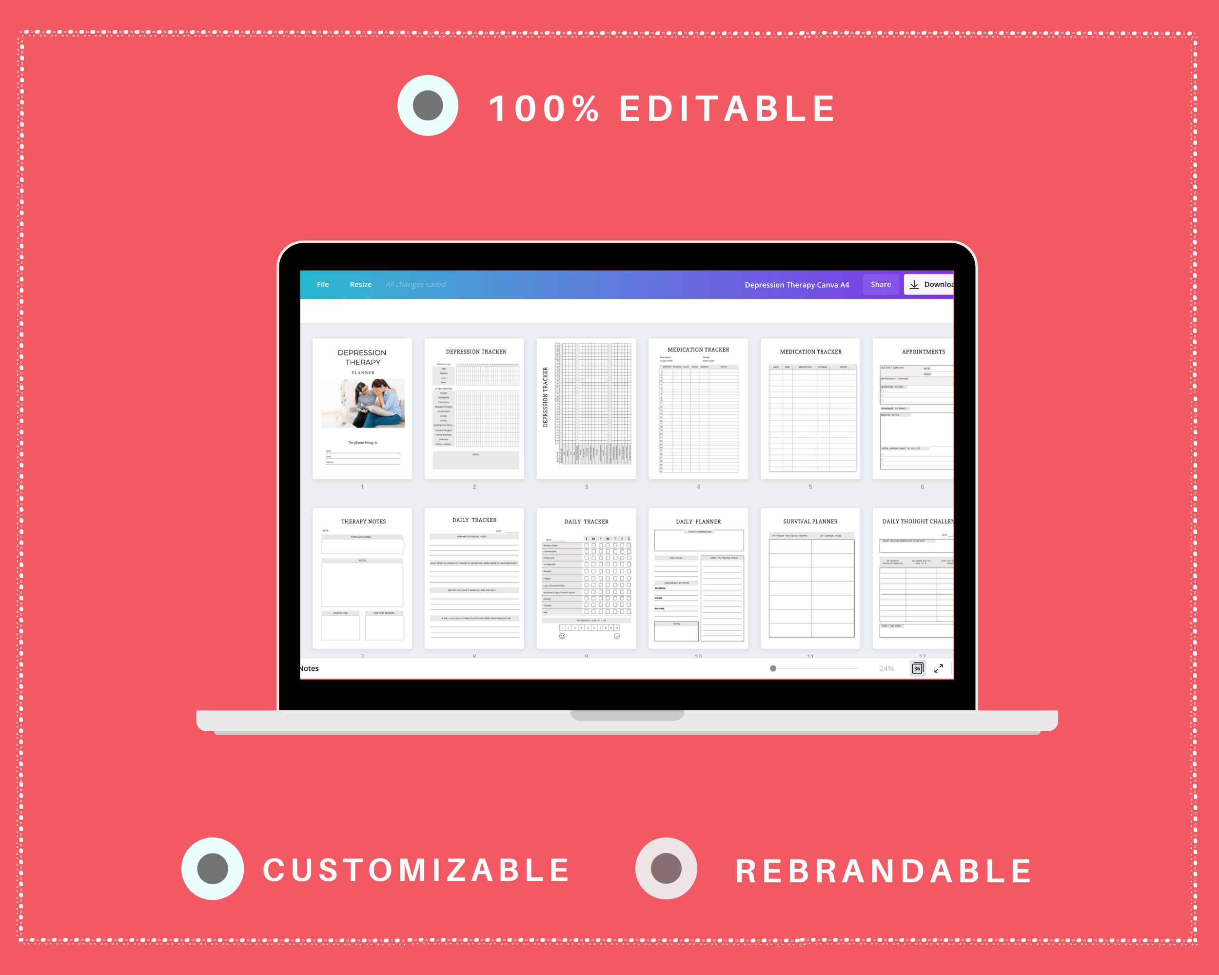 Editable Depression Therapy Planner in Canva | Commercial Use