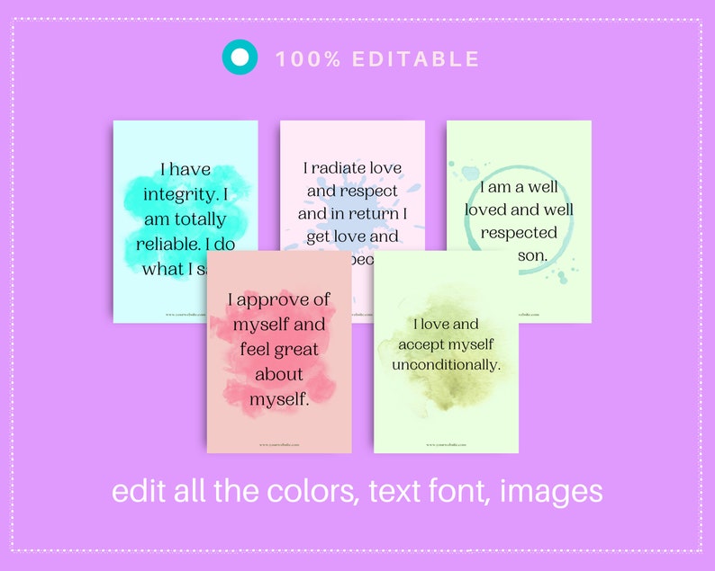 Self Esteem Affirmation Card Deck | Editable 50 Card Deck in Canva | Commercial Use