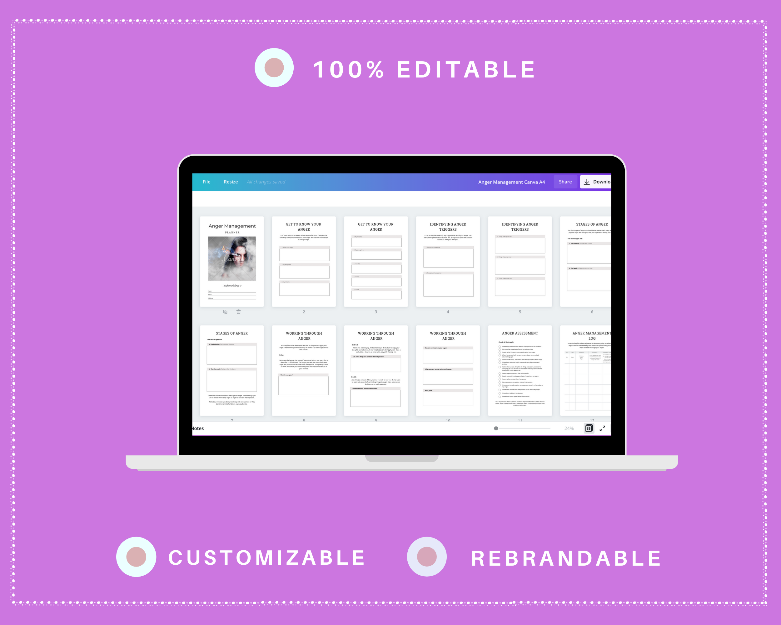 Editable Anger Management Planner in Canva | Commercial Use