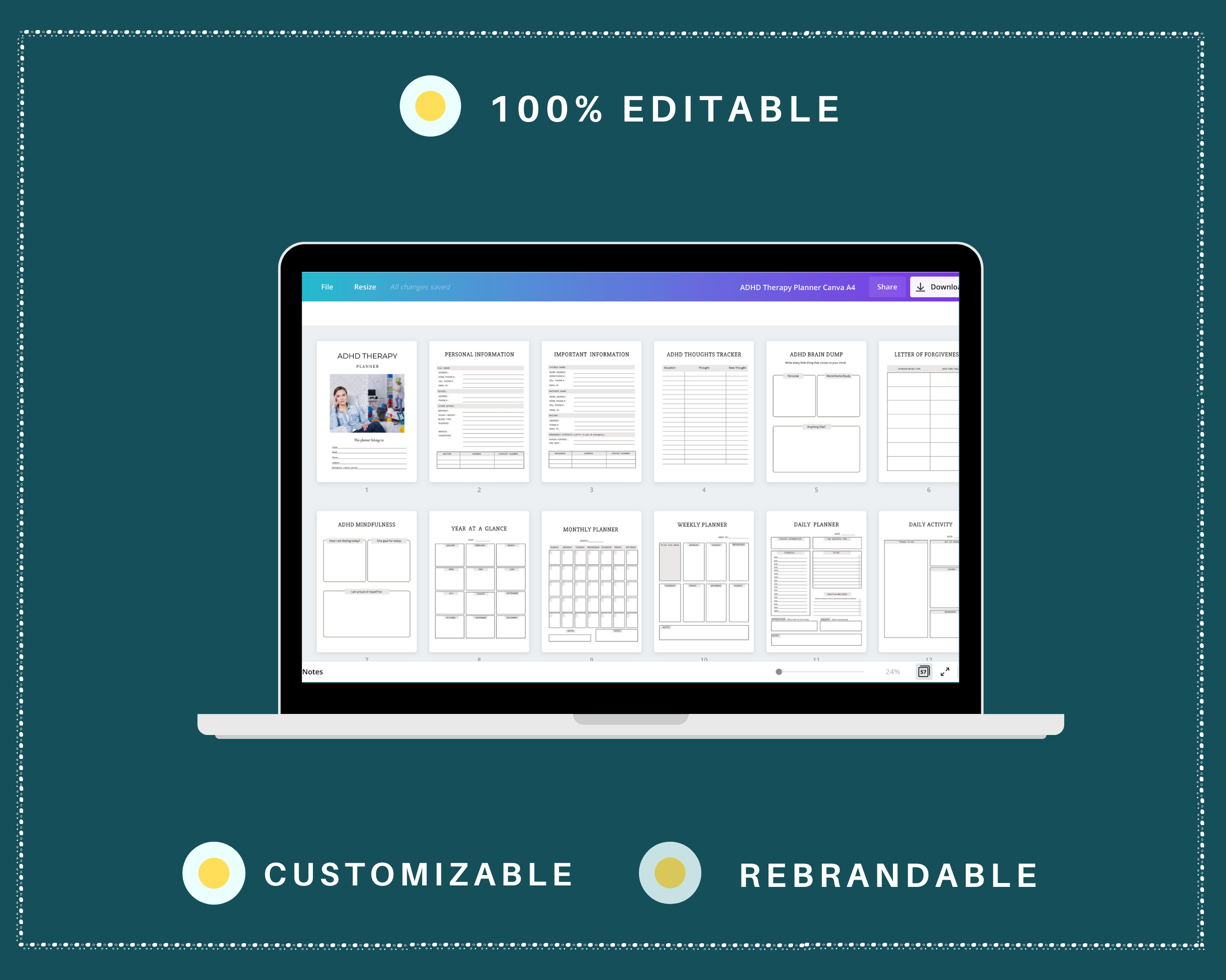 Editable ADHD Therapy Planner in Canva | Commercial Use