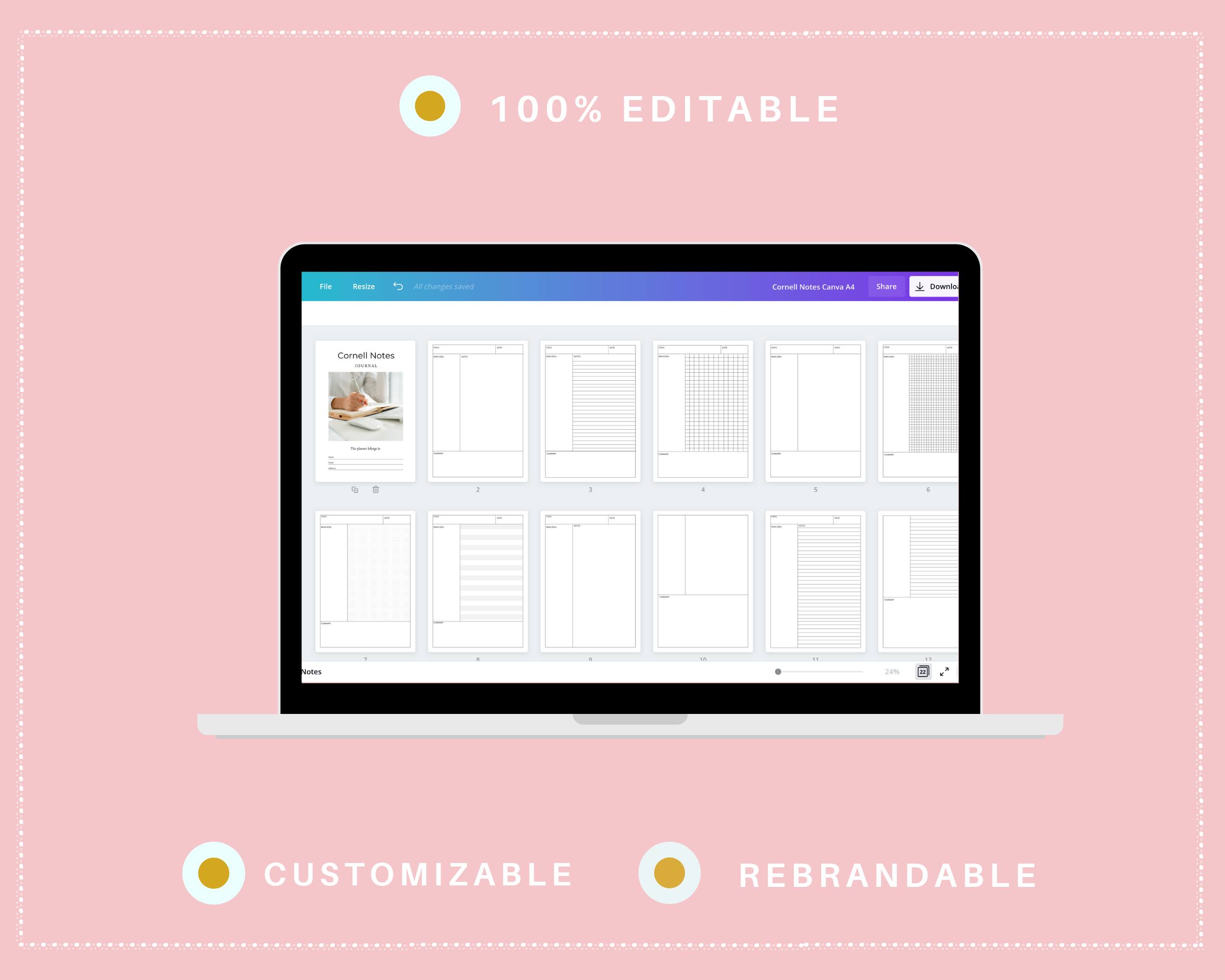 Editable Cornell Notes in Canva | Commercial Use