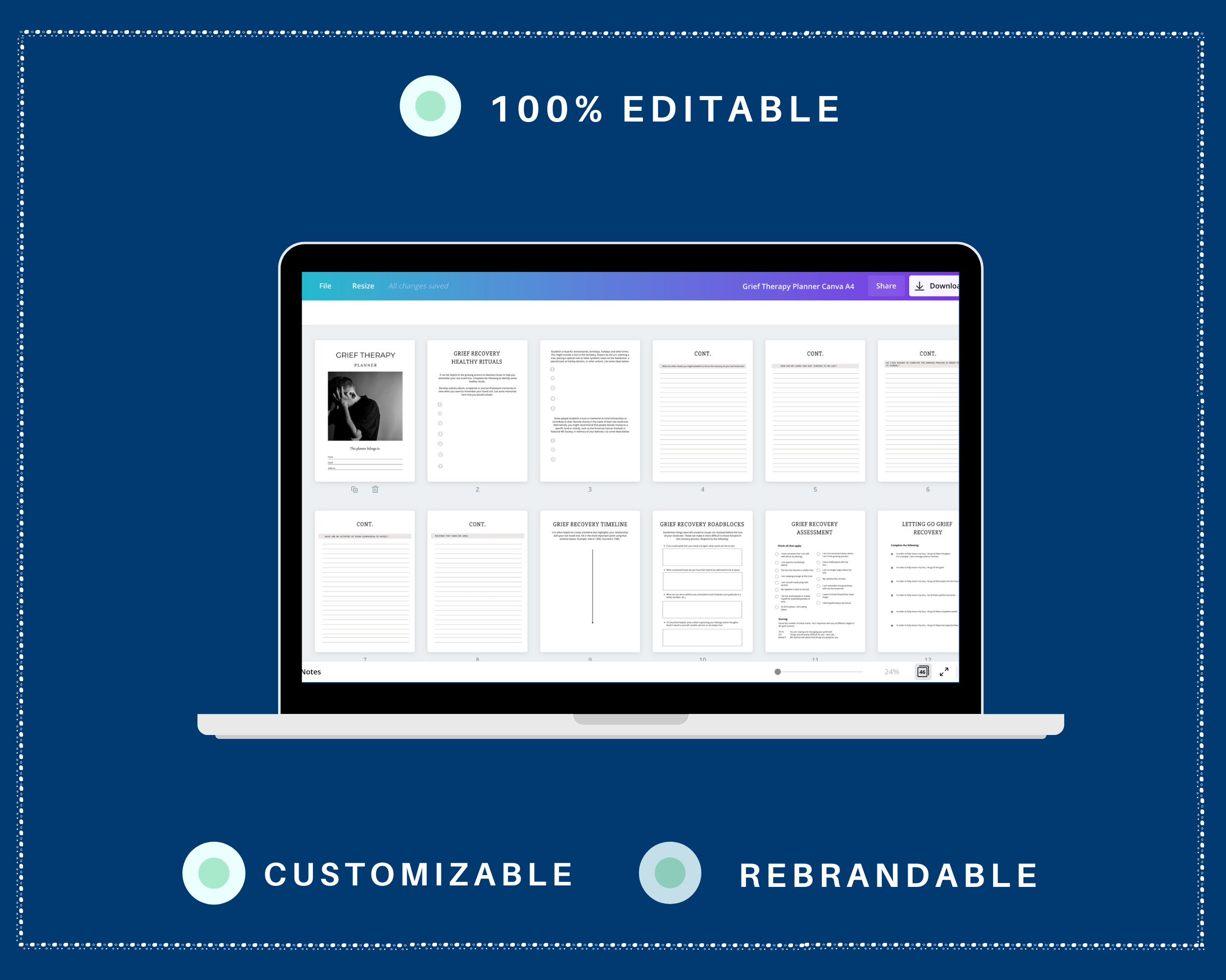 Editable Grief Therapy Planner in Canva | Commercial Use