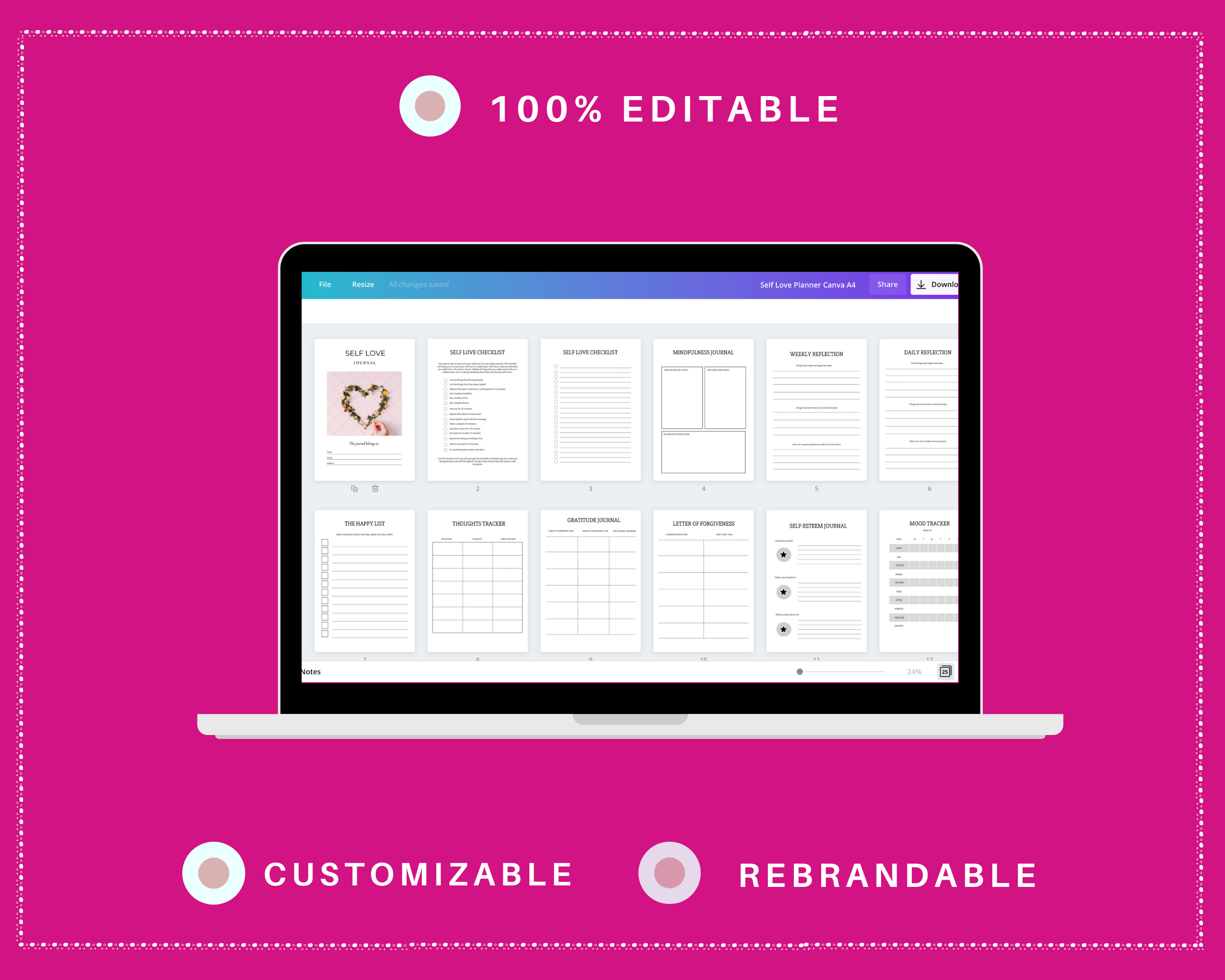 Editable Self Love Journal in Canva | Commercial Use