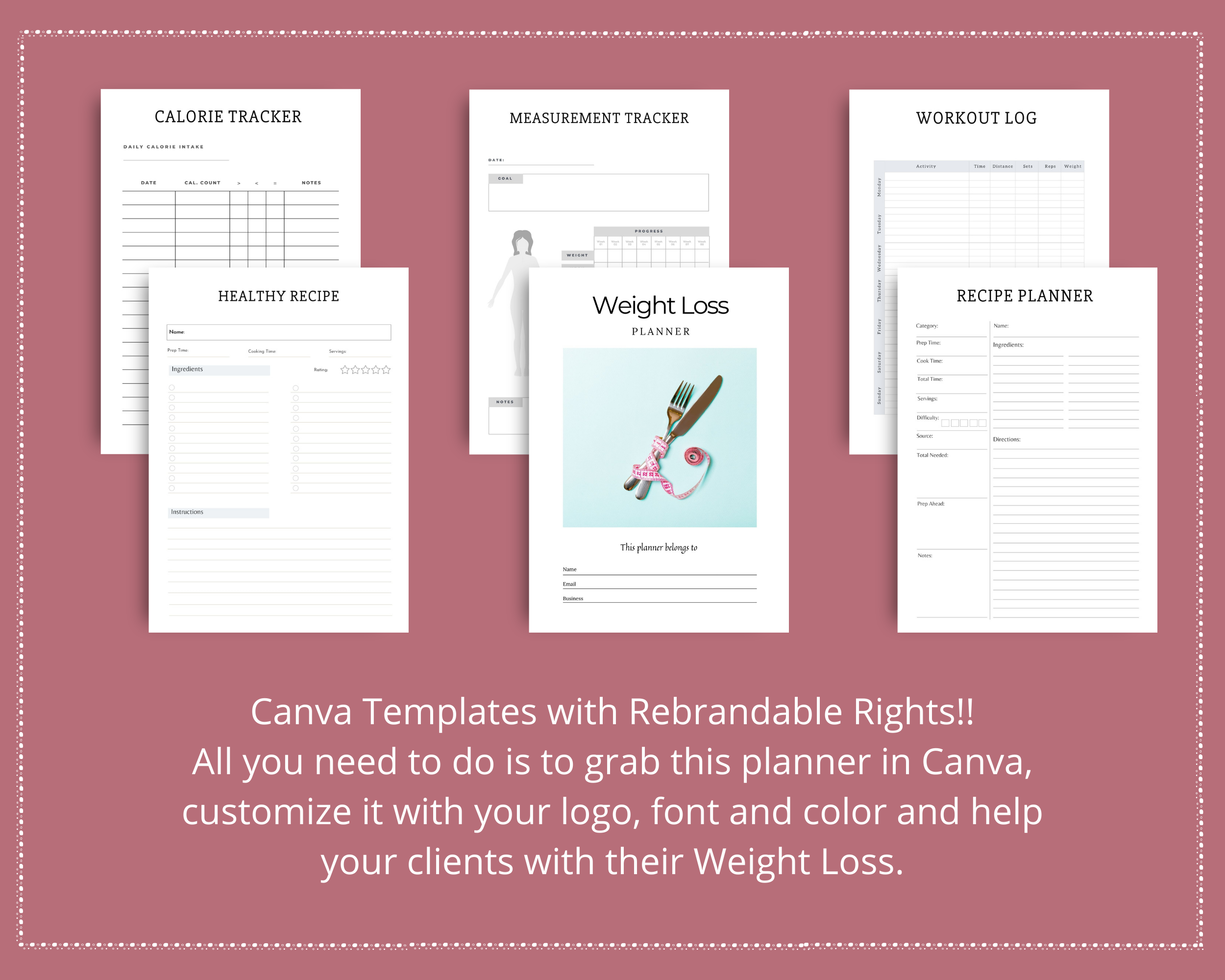 Editable Weight Loss Planner in Canva | Commercial Use