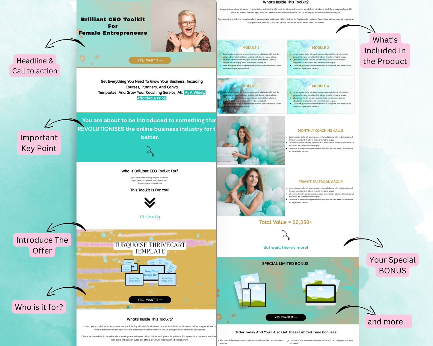 Turquoise Sales Page Template in Thrivecart