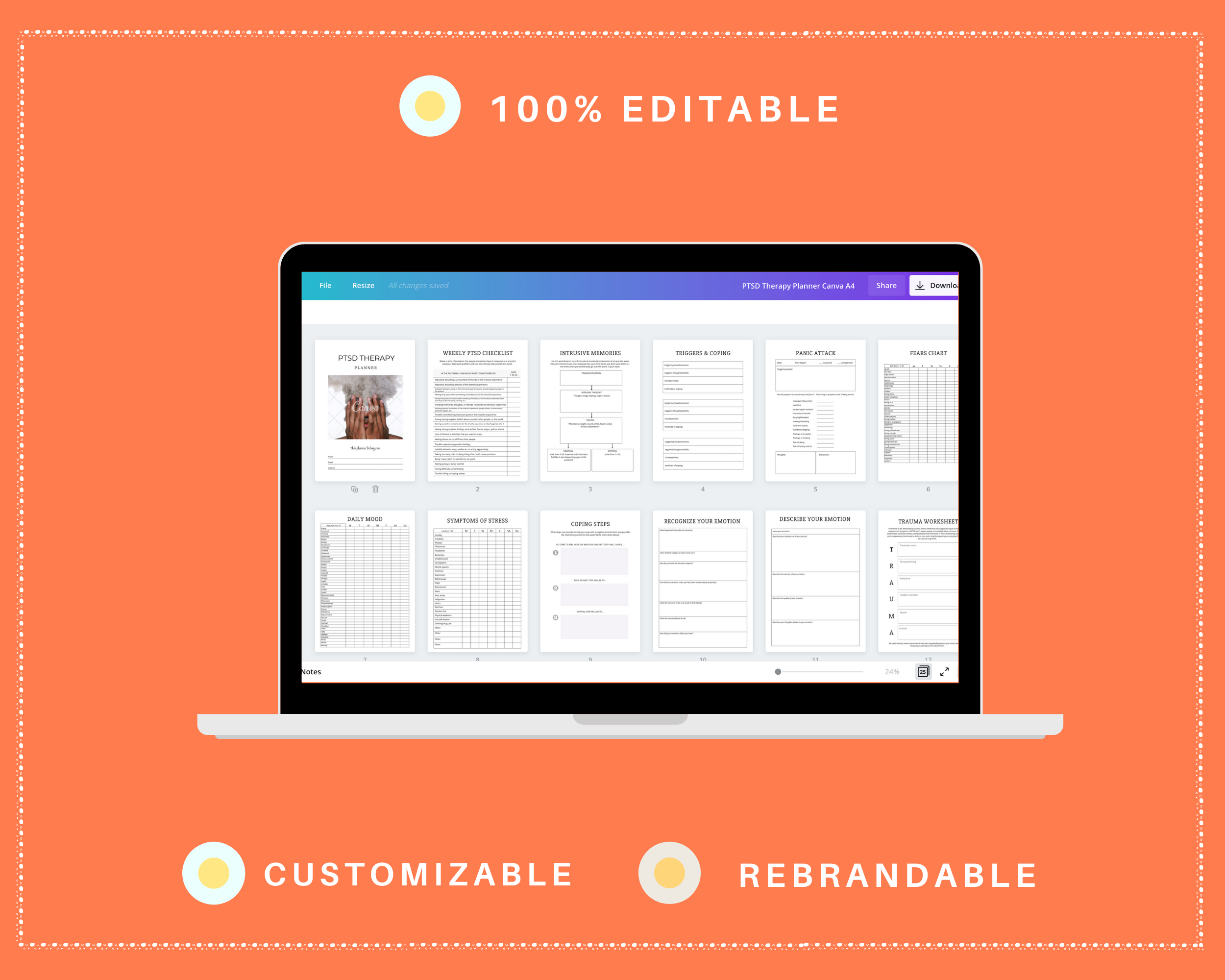 Editable PTSD Therapy Planner in Canva | Commercial Use
