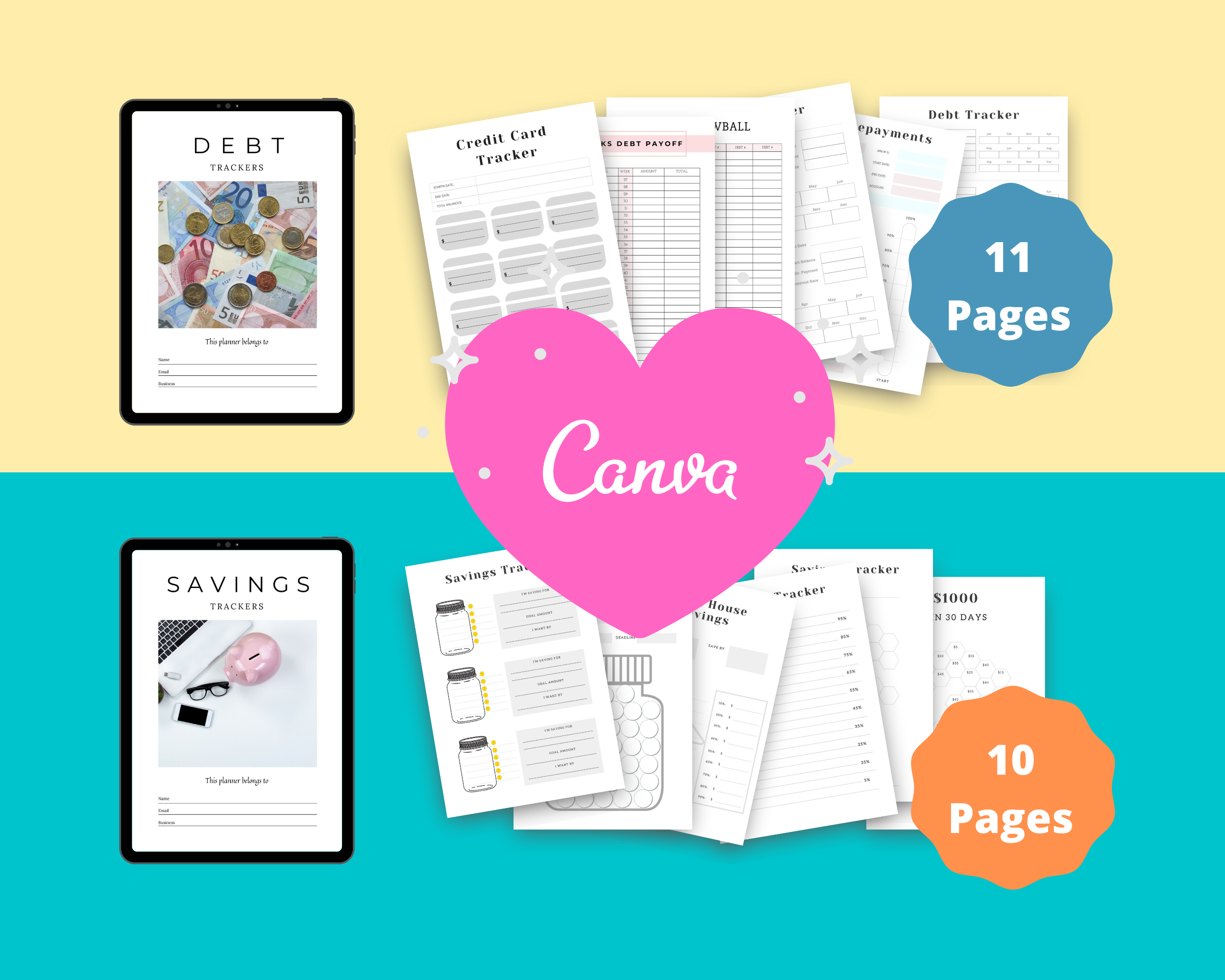 BUNDLE of 7 Tracker Bundles in Canva | Habit, Mood, Savings, Debt, Credit Score, Calendar Builder | Commercial Use