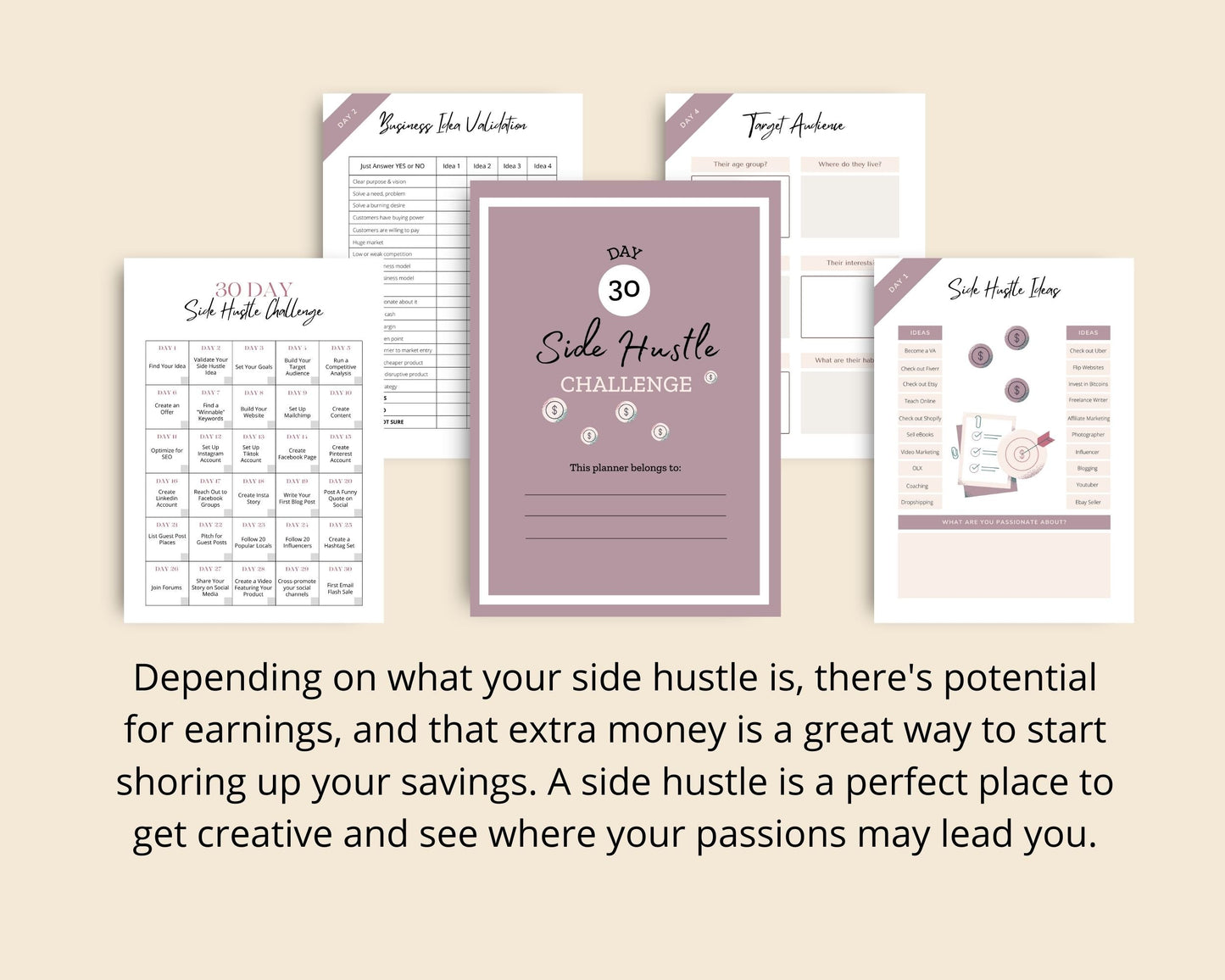 30 Day Side Hustle Challenge | Work From Home Journal | Solopreneur Planner | Editable Canva Template A4 Size