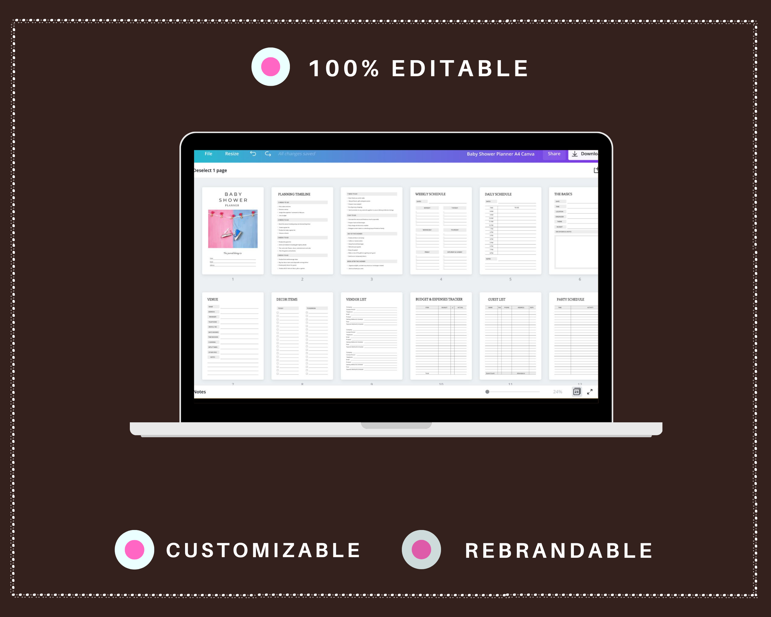 Editable Baby Shower Planner Templates in Canva | Commercial Use