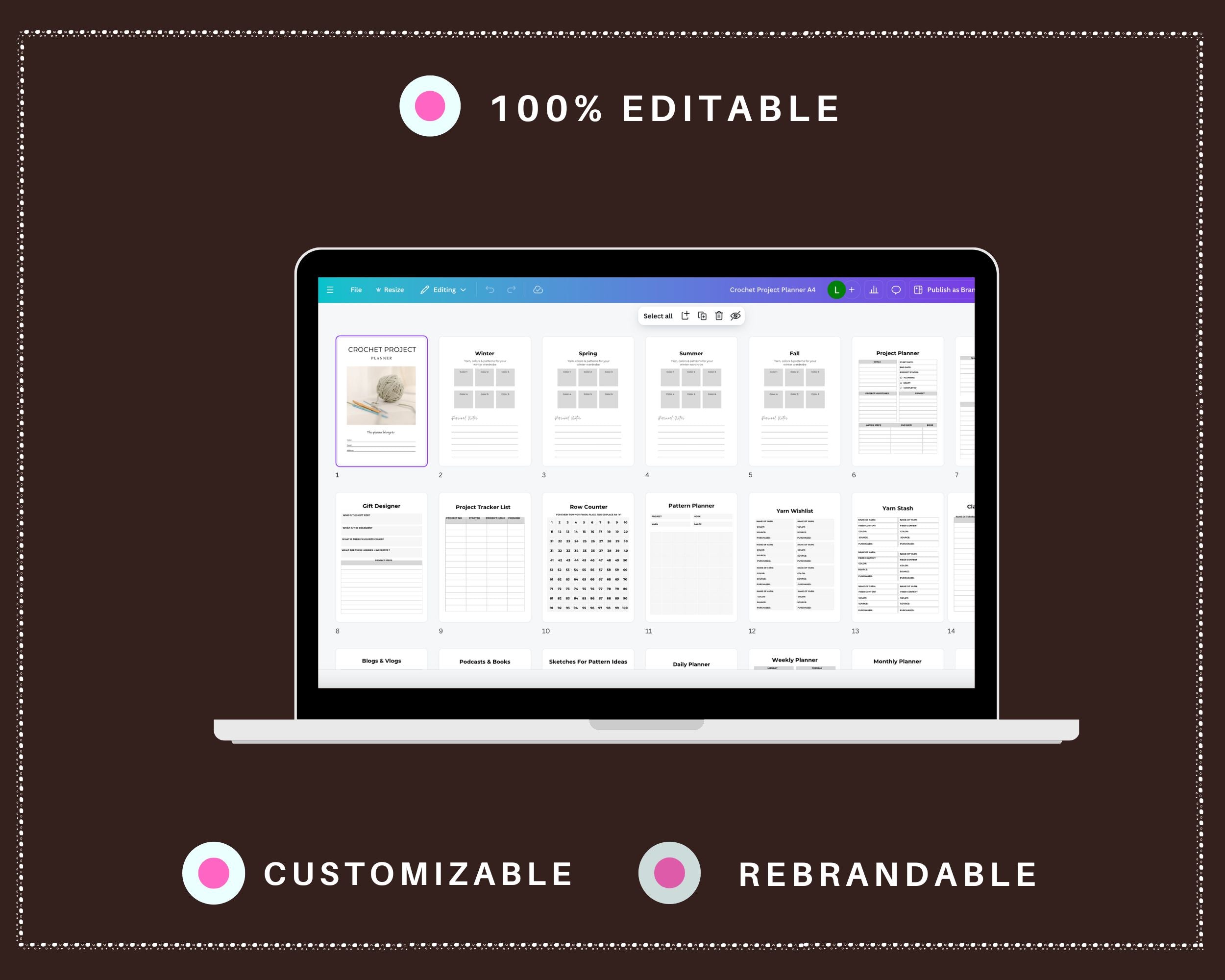 Editable Crochet Planner in Canva | Canva Template Pack | Commercial Use