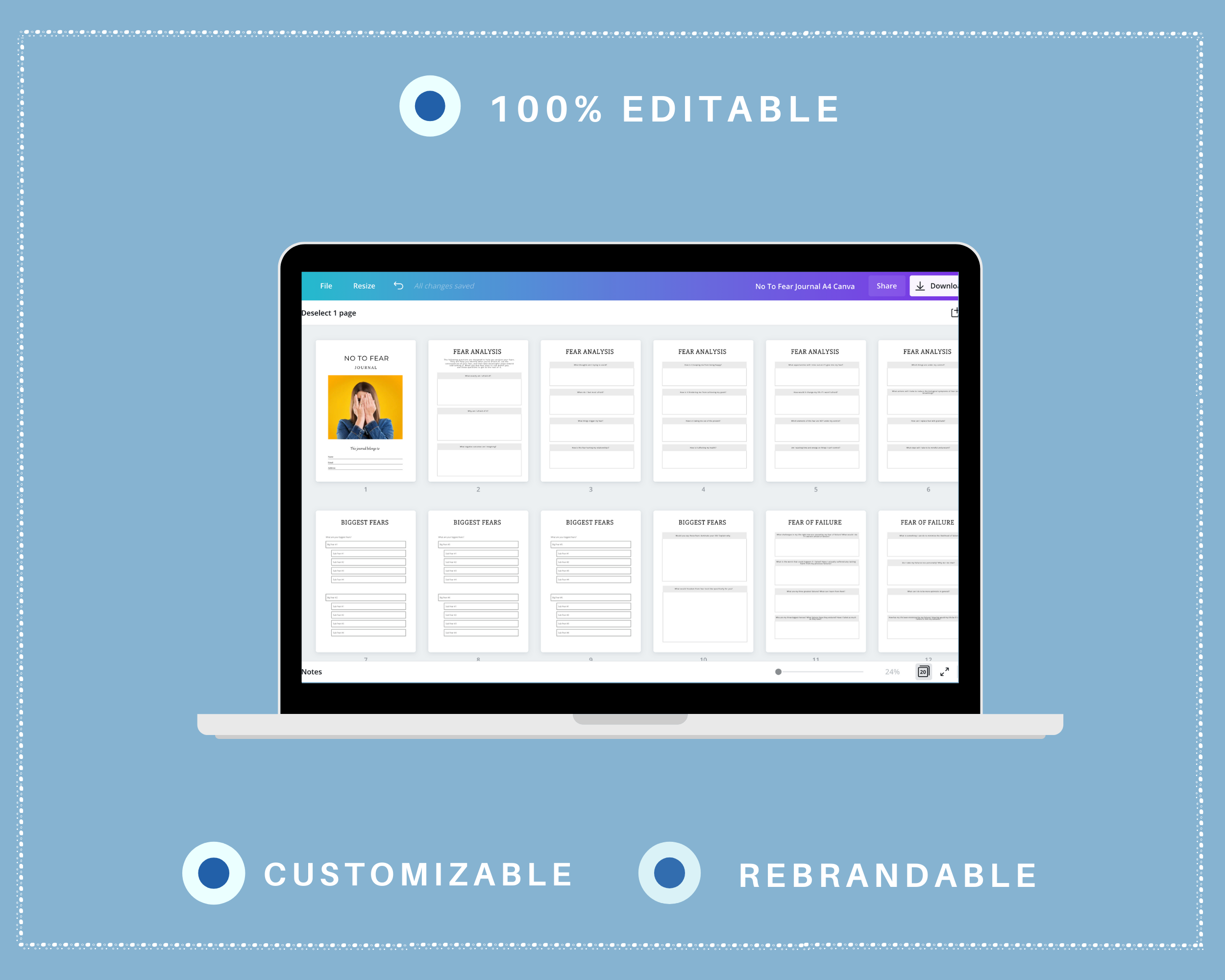 Editable No to Fear Journal in Canva | Commercial Use