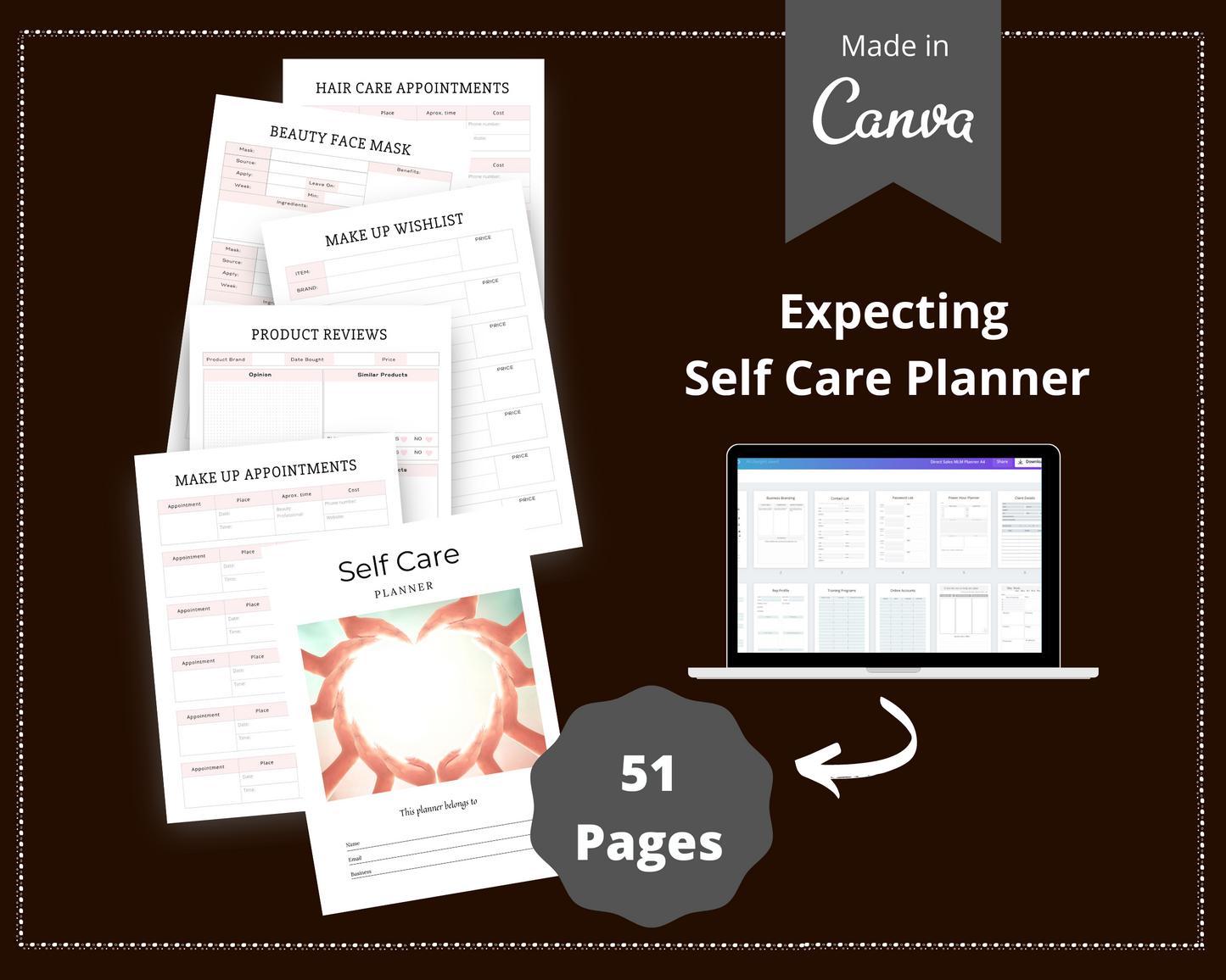 Editable Self Care Planner in Canva | Commercial Use