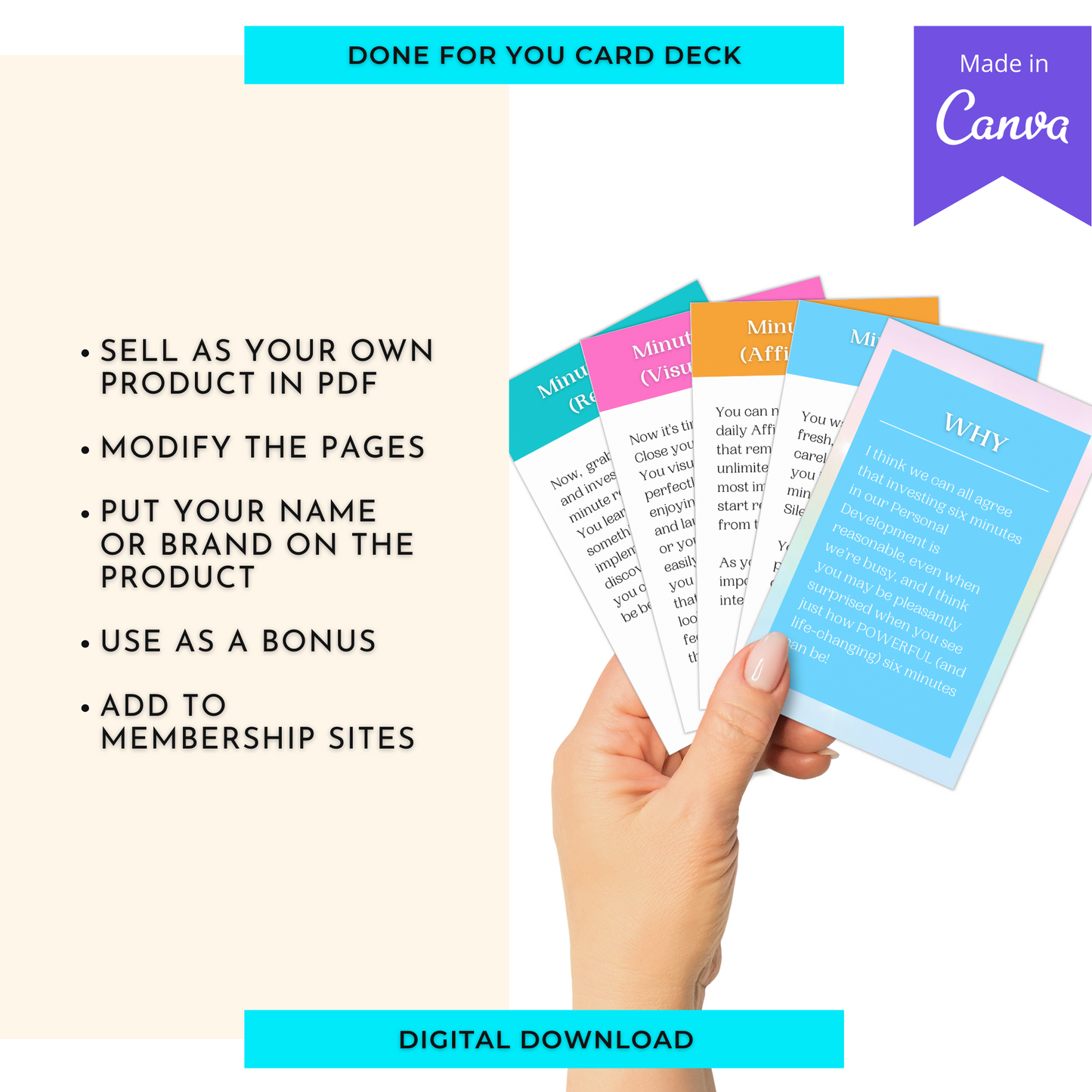 6 Minute Miracle Morning Meditation Prompts | Editable 12 Card Deck in Canva | Commercial Use