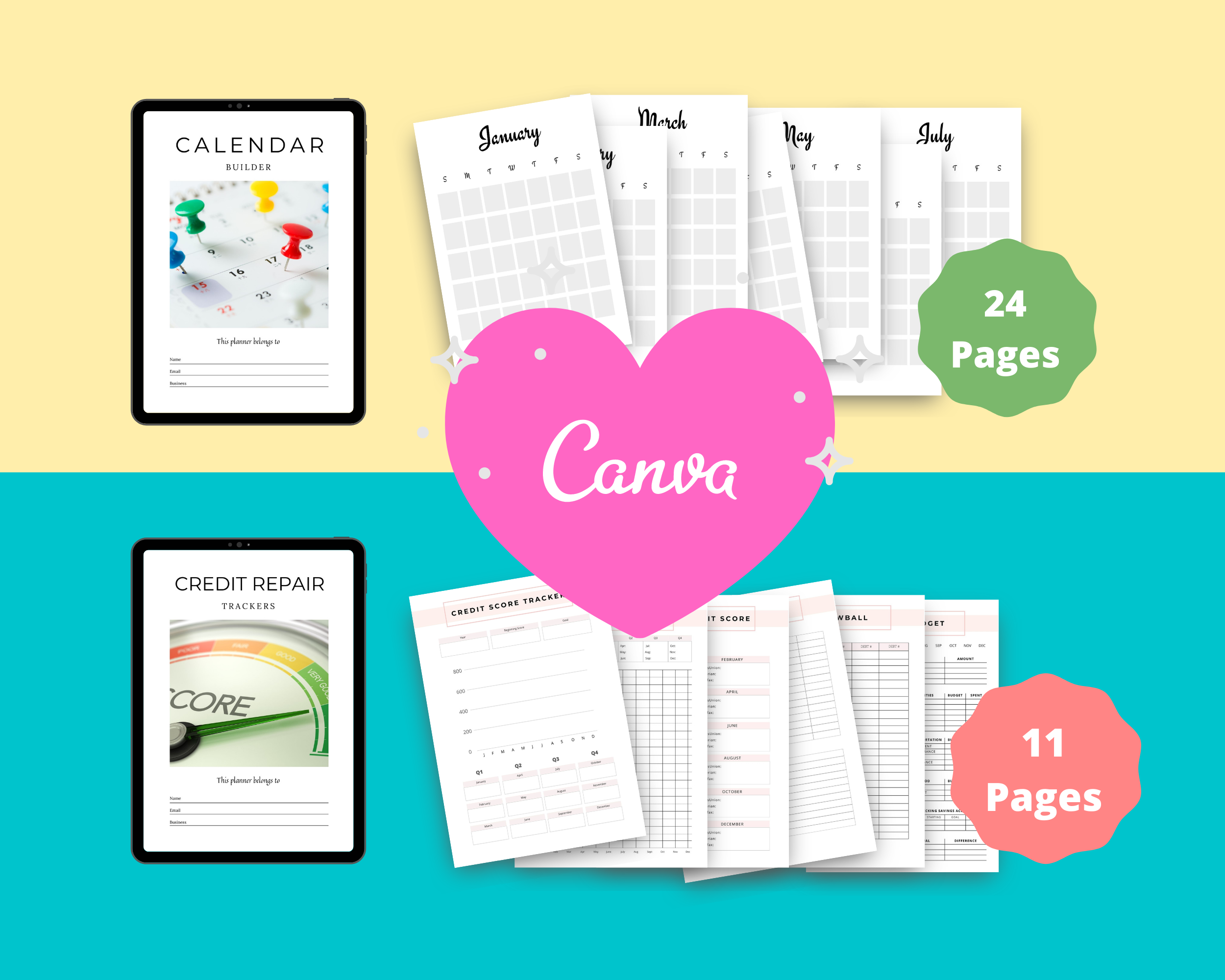 BUNDLE of 7 Tracker Bundles in Canva | Habit, Mood, Savings, Debt, Credit Score, Calendar Builder | Commercial Use