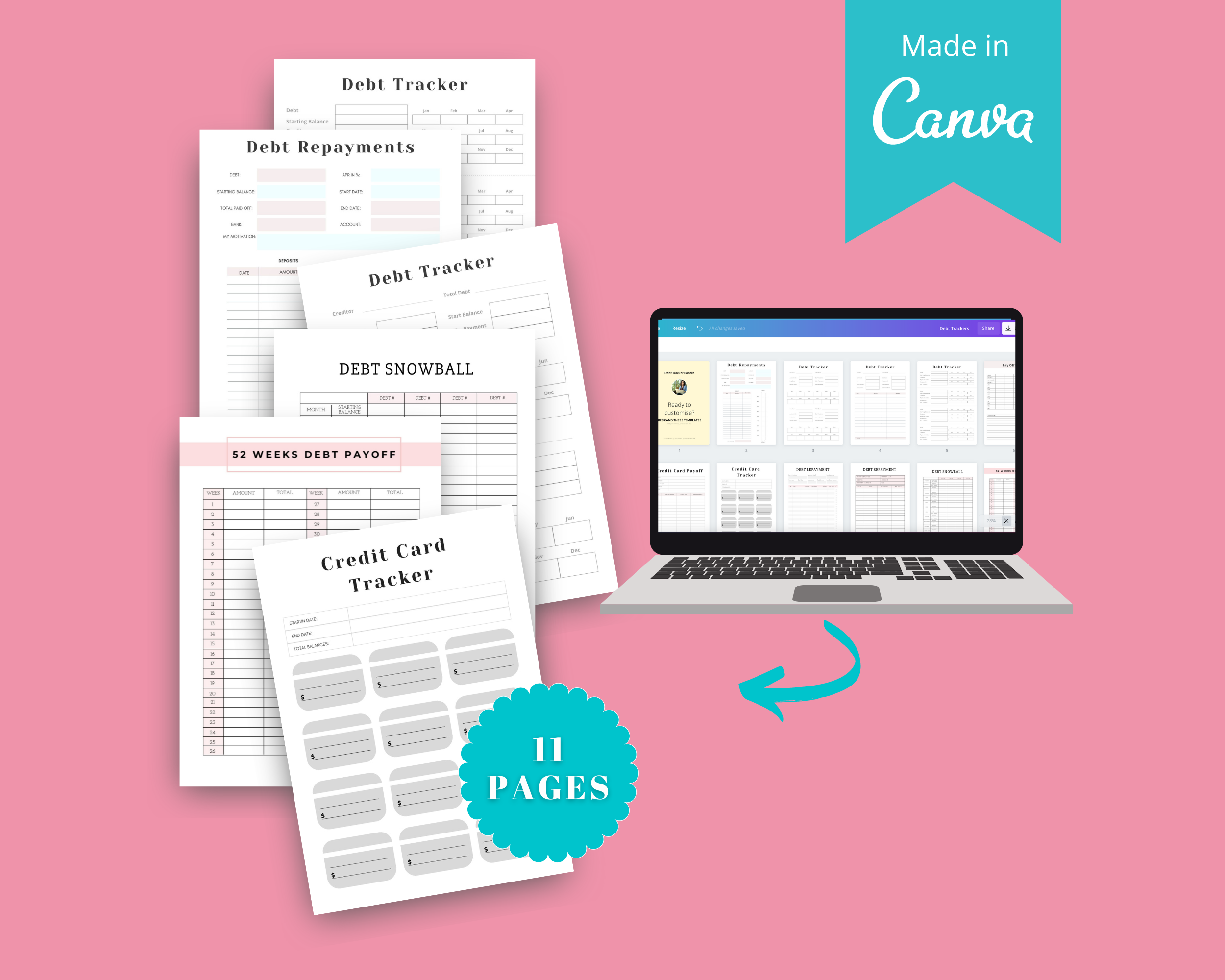 Debt Tracker Canva Templates | Commercial Use | Editable Debt Chart | 52 Weeks Debt Payoff