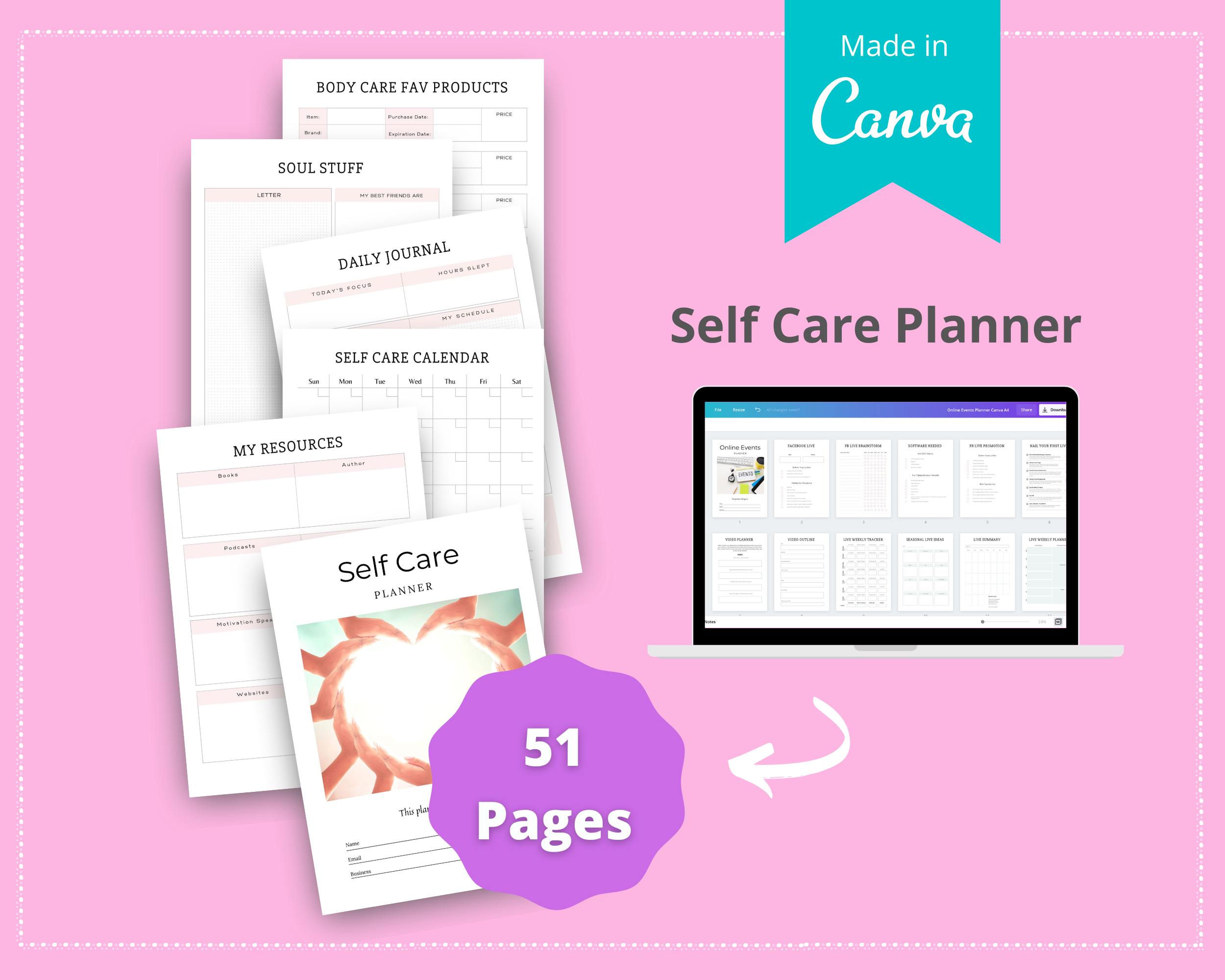 Editable Self Care Planner in Canva | Commercial Use