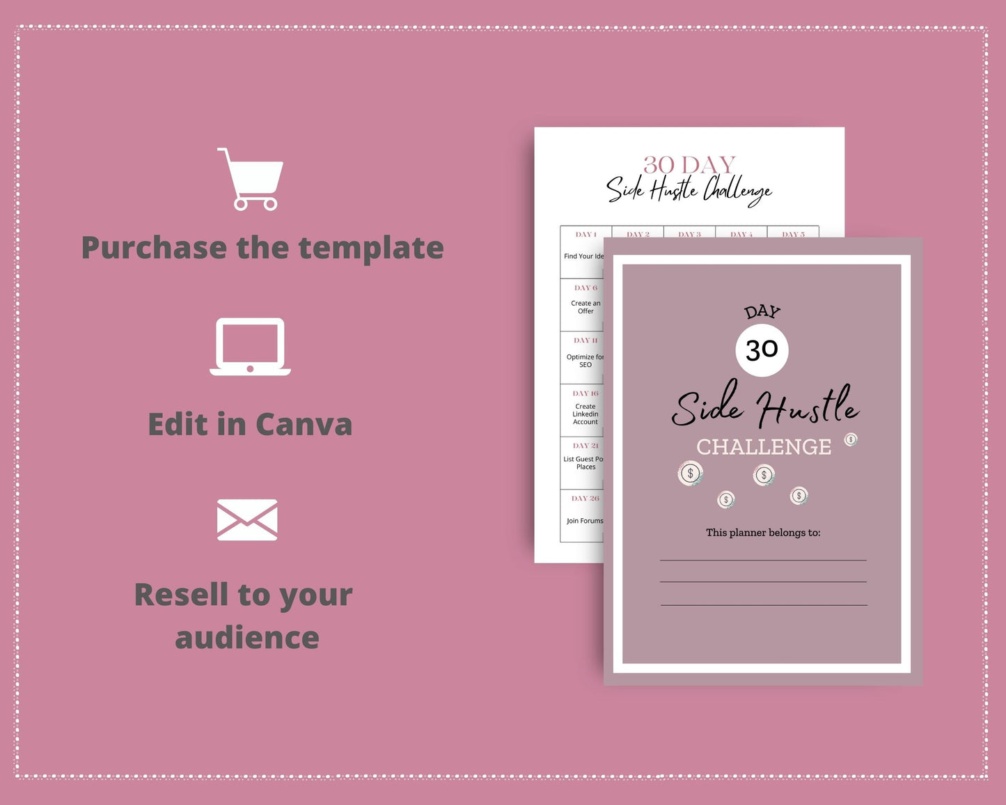 30 Day Side Hustle Challenge | Work From Home Journal | Solopreneur Planner | Editable Canva Template A4 Size