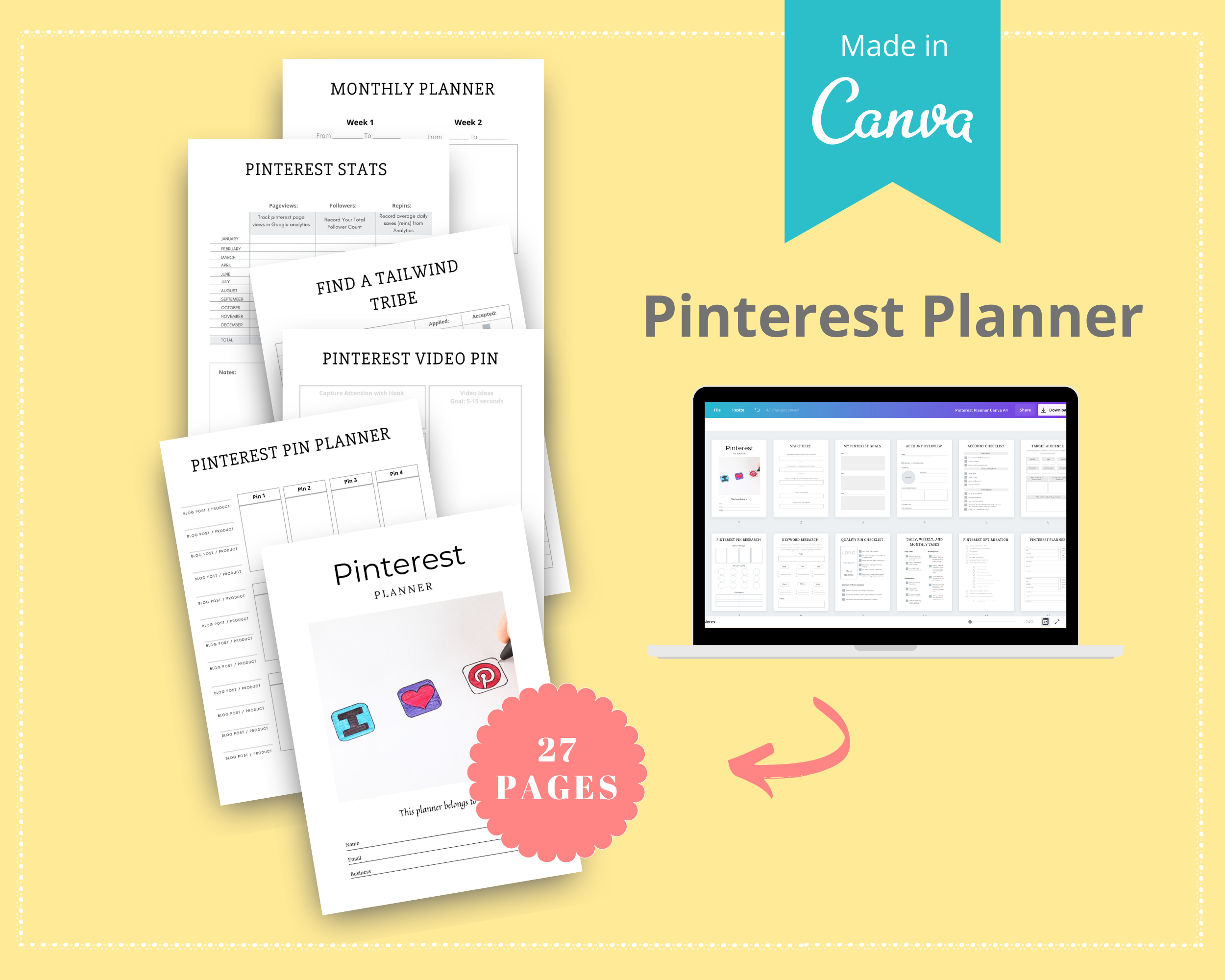 Editable Pinterest Planner Template in Canva | Commercial Use