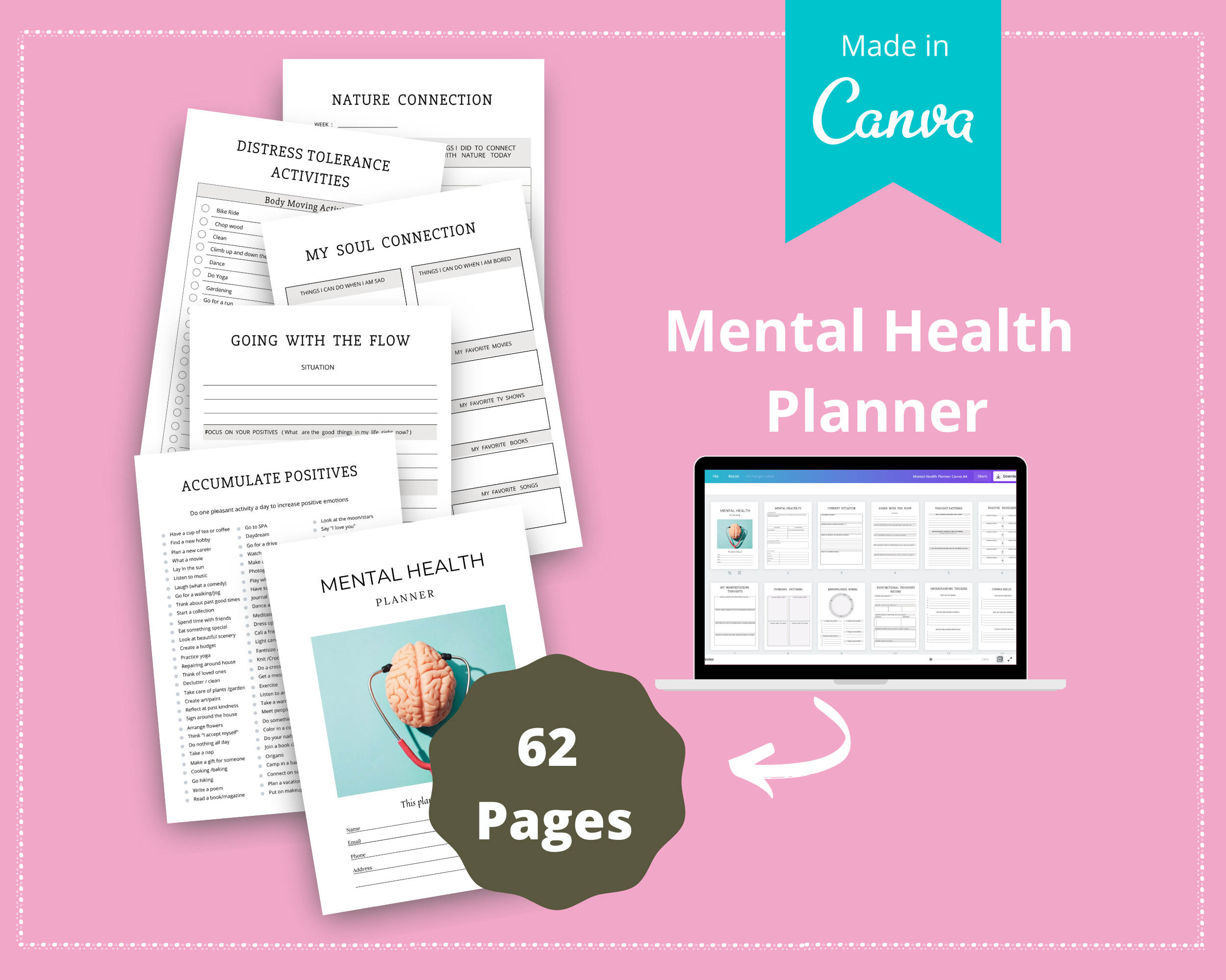 Editable Mental Health Therapy Planner in Canva | Commercial Use