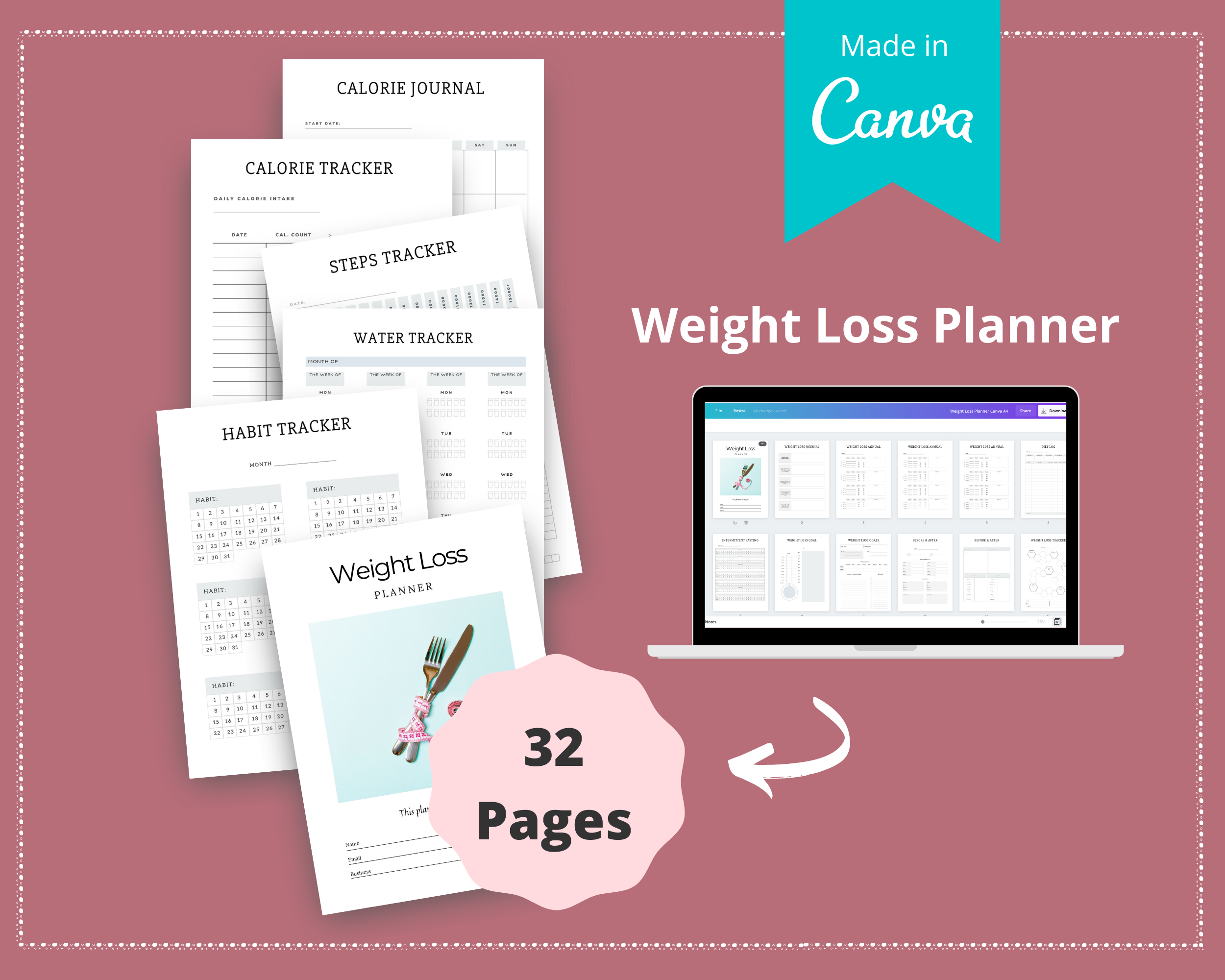 Editable Weight Loss Planner in Canva | Commercial Use