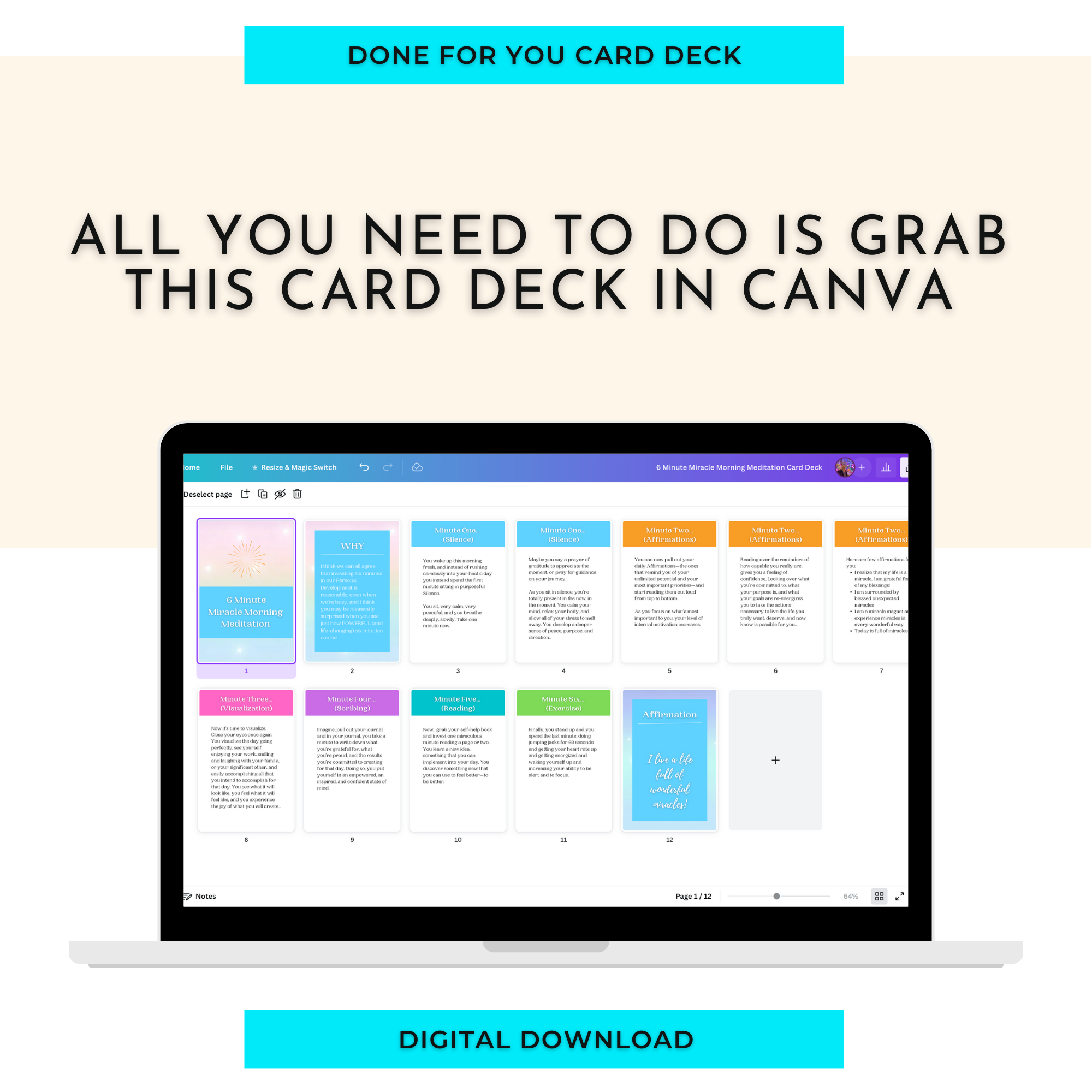 6 Minute Miracle Morning Meditation Prompts | Editable 12 Card Deck in Canva | Commercial Use