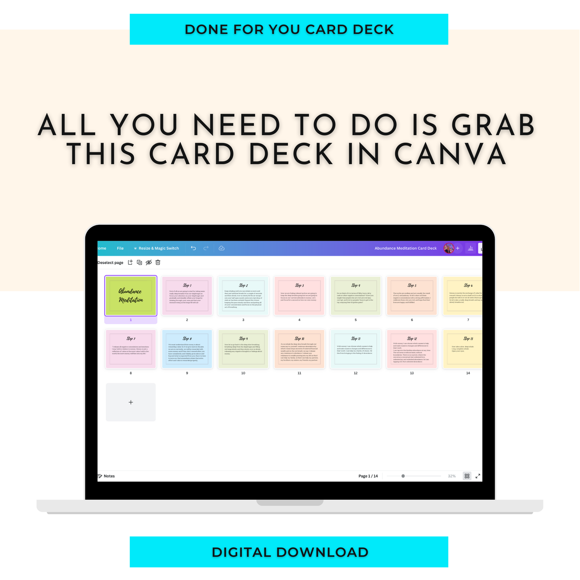 Abundance Meditation Card Deck | Editable 14 Card Deck in Canva | Commercial Use