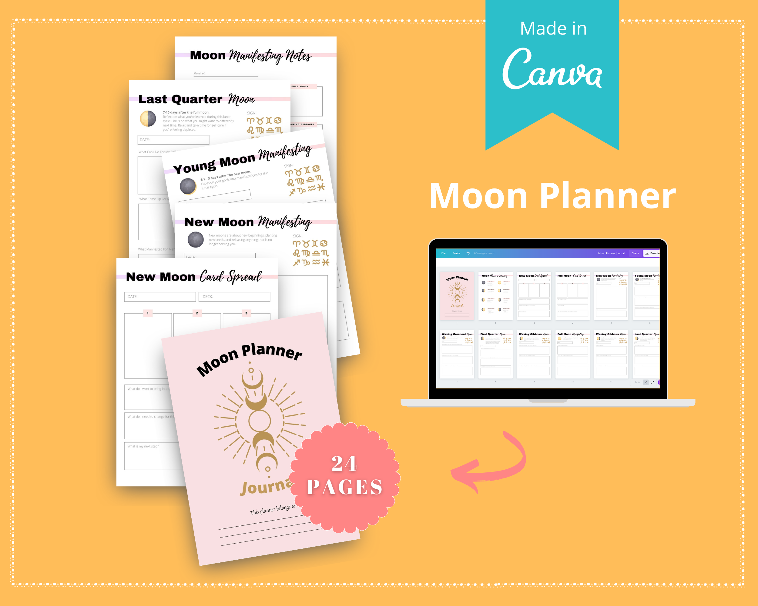 Editable Moon Journal Planner Templates in Canva | Commercial Use