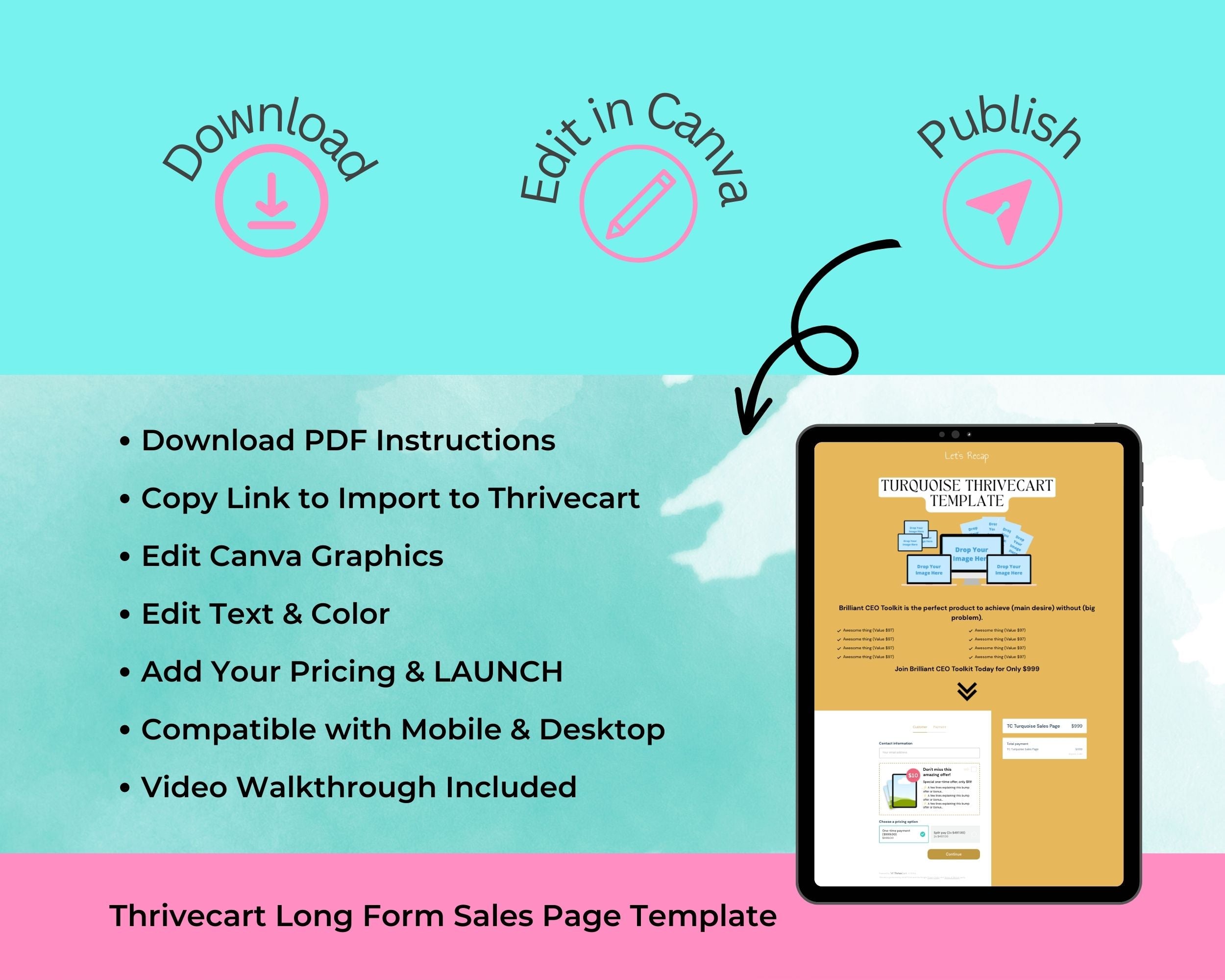 Turquoise Sales Page Template in Thrivecart