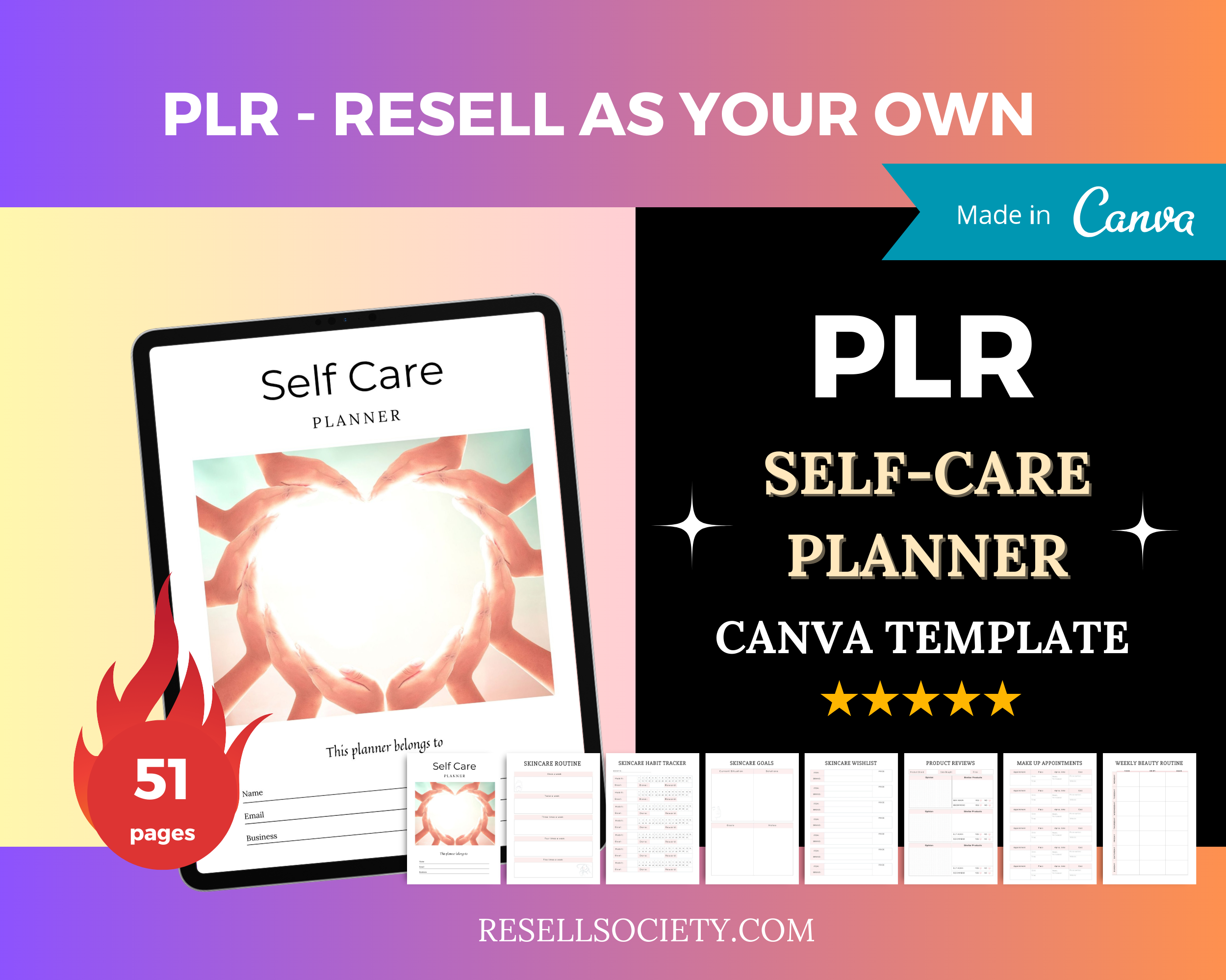 Editable Self Care Planner in Canva | Commercial Use