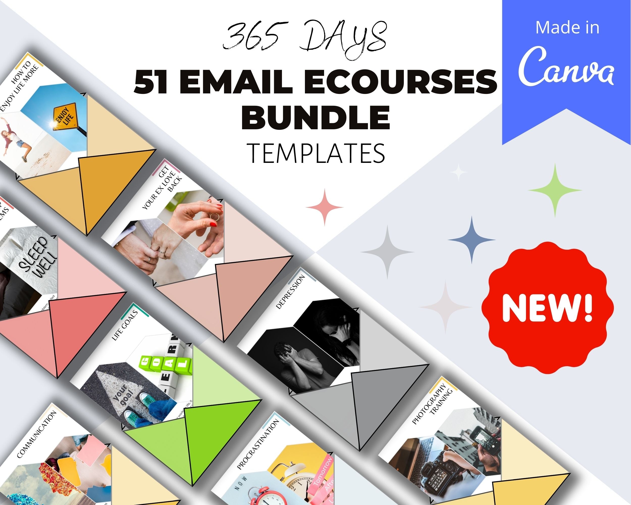 Bundle of 51 Email eCourses Templates | 350+ Days Done-for-You eCourses | Rebrandable and Resizable Canva Template
